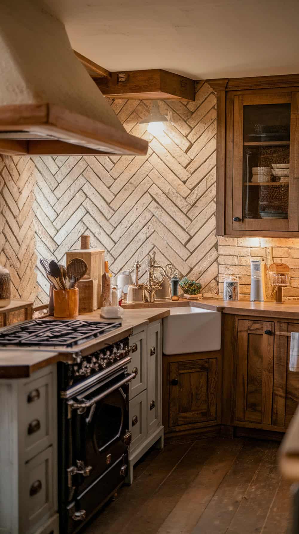 Kitchen with herringbone pattern brick backsplash and wooden cabinets