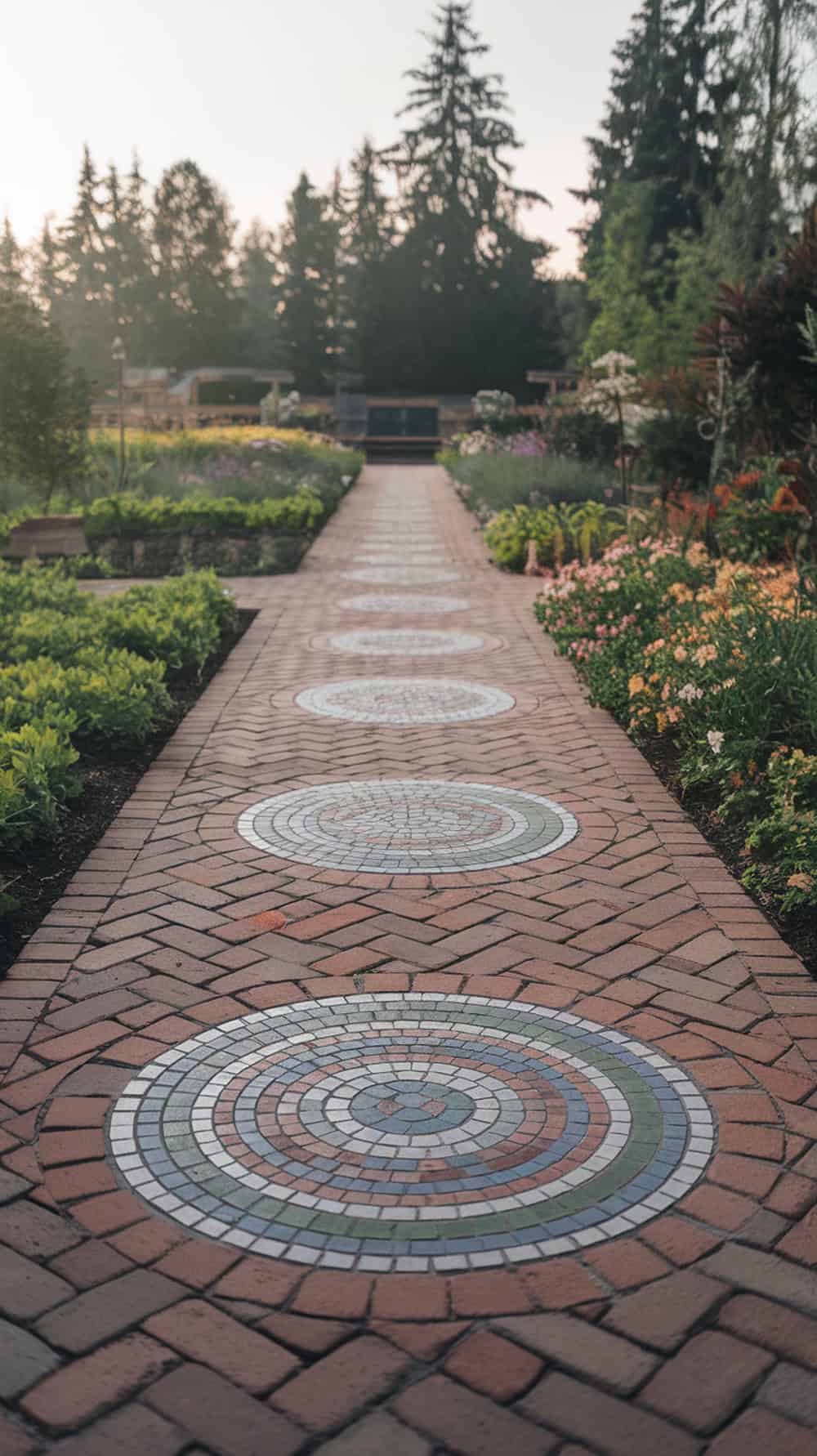 A brick pathway with colorful mosaic centerpieces surrounded by flowers and greenery.