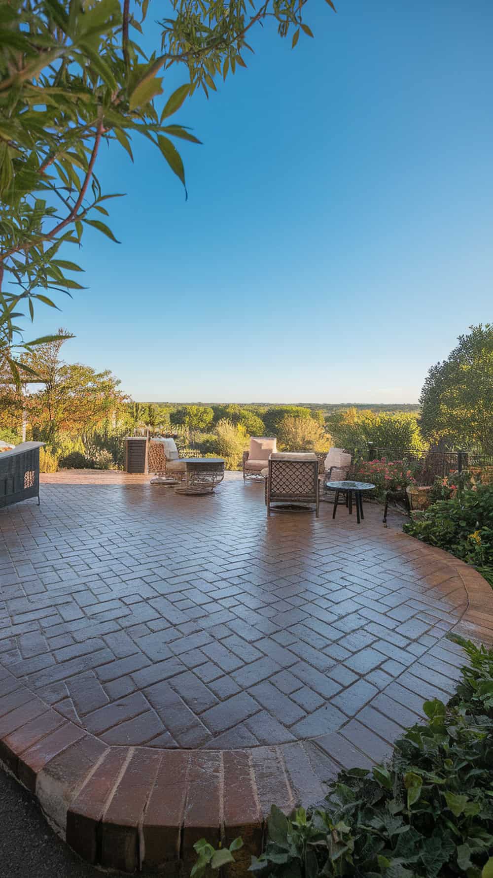 A beautiful brick pattern stamped patio with outdoor seating and a scenic view.
