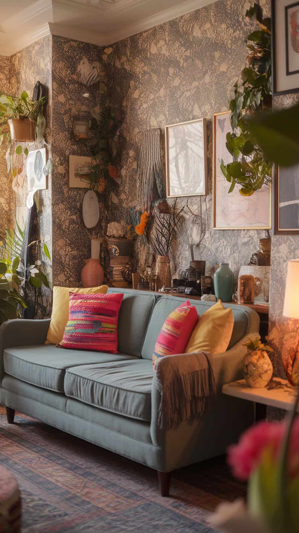 A cozy living room featuring a gray couch with colorful throw pillows, earthy tones, and decorative plants.