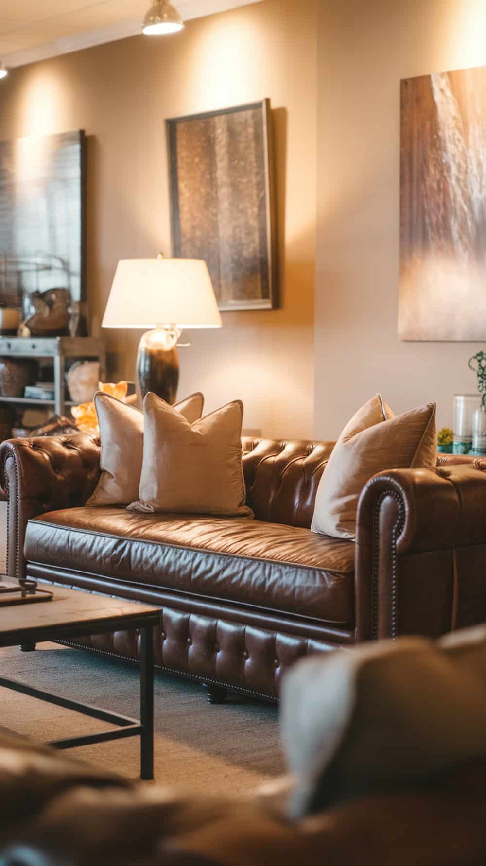 A cozy living room featuring a brown leather couch with soft neutral pillows.