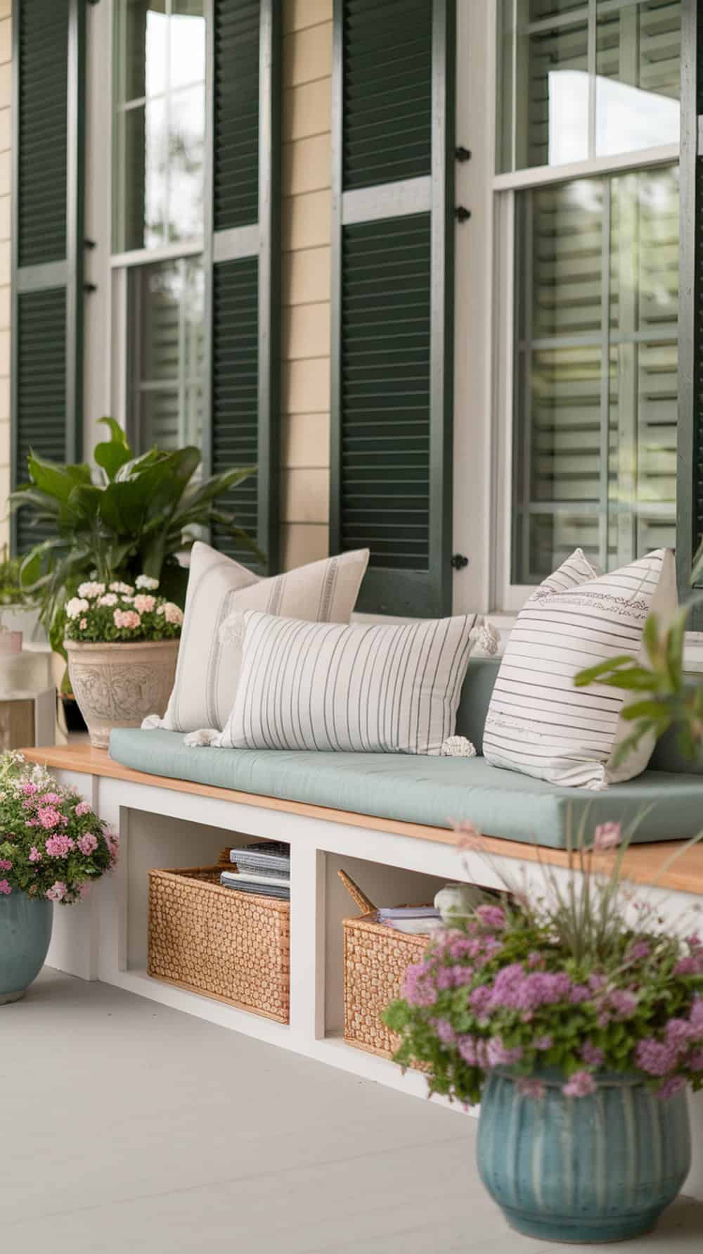 A cozy built-in bench on a front porch with storage underneath and decorative pillows.