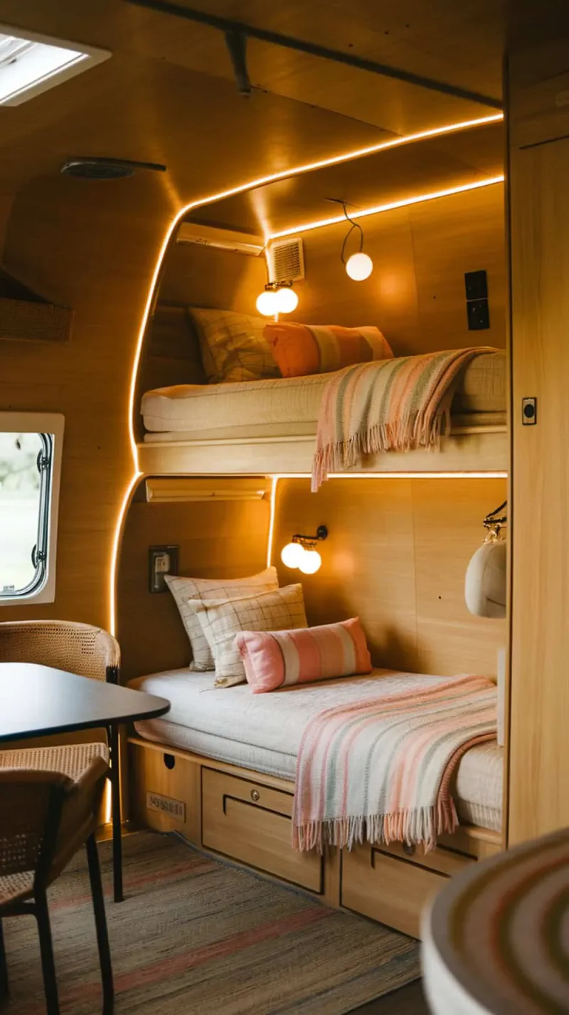Cozy camper bunk beds with wood paneling and soft bedding