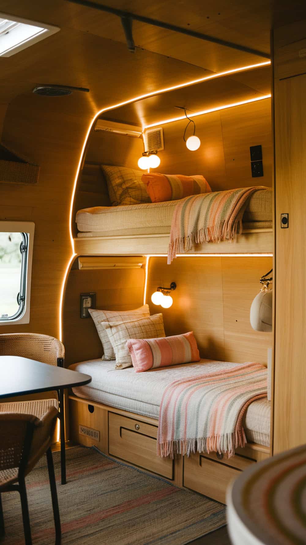 Cozy camper bunk beds with wood paneling and soft bedding