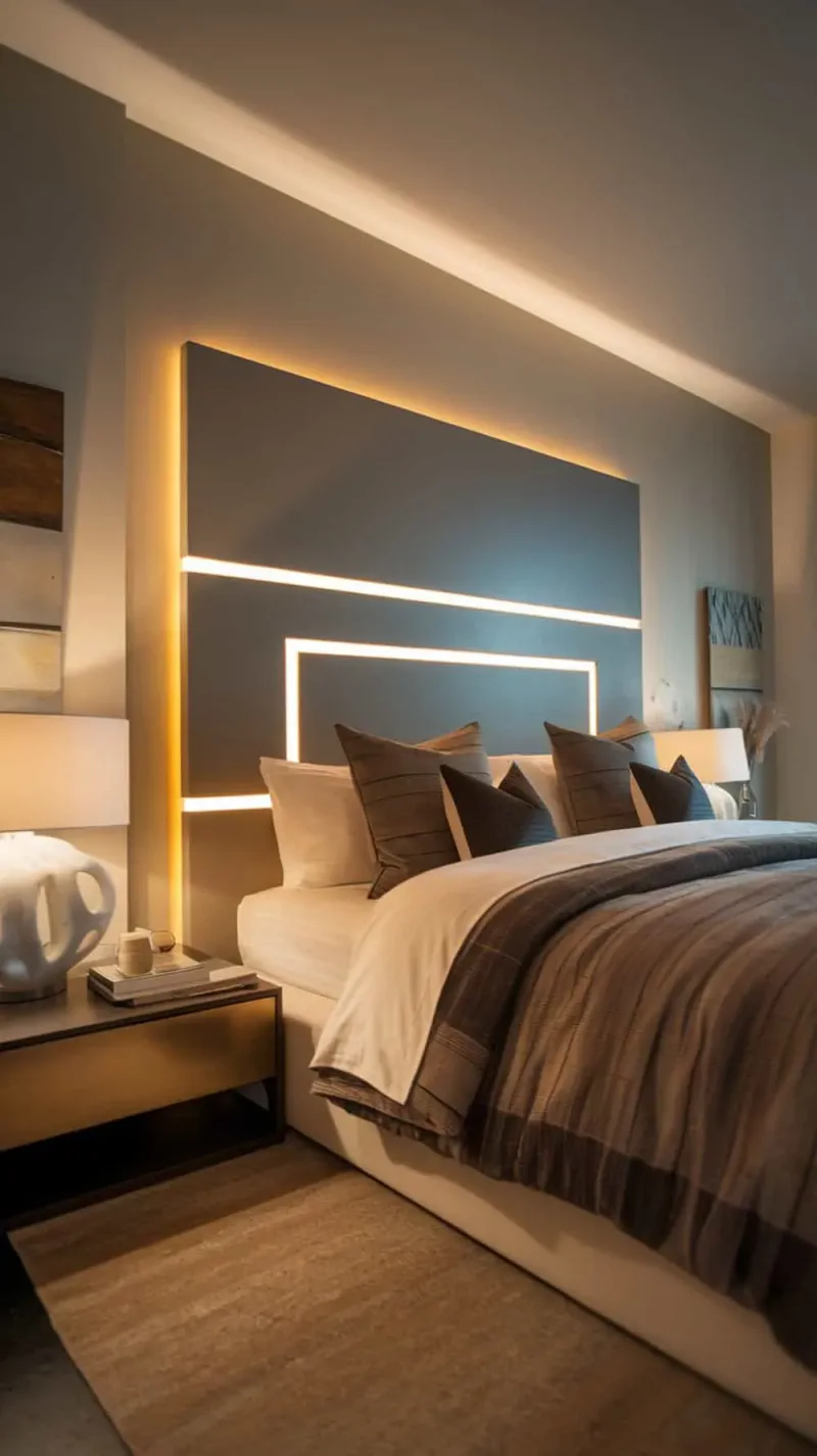 A modern bedroom featuring built-in lighting around the headboard, creating a warm and inviting atmosphere.