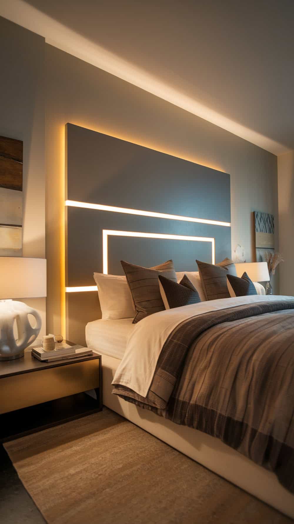 A modern bedroom featuring built-in lighting around the headboard, creating a warm and inviting atmosphere.