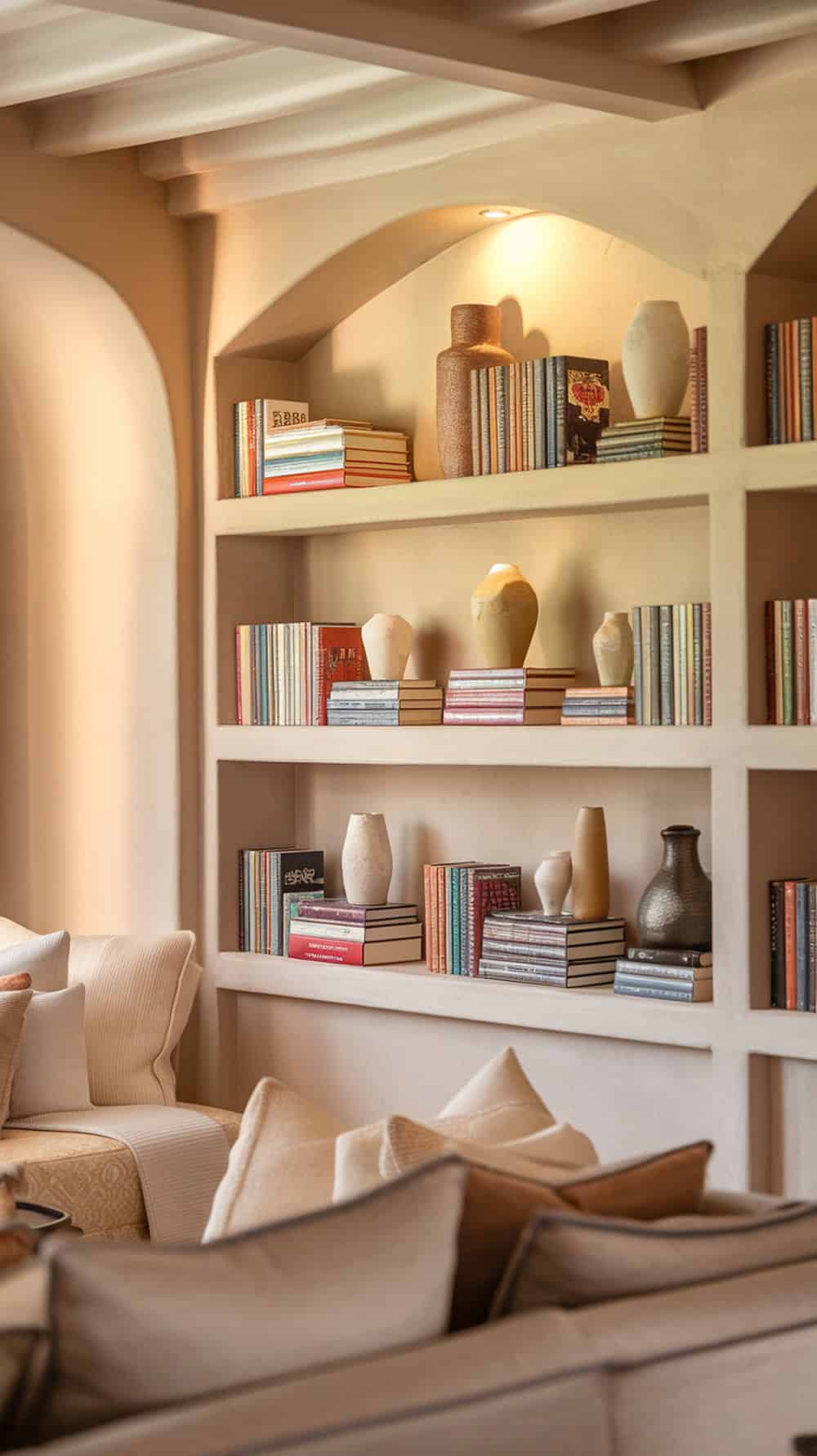Built-in shelves with books and vases in a cozy living room
