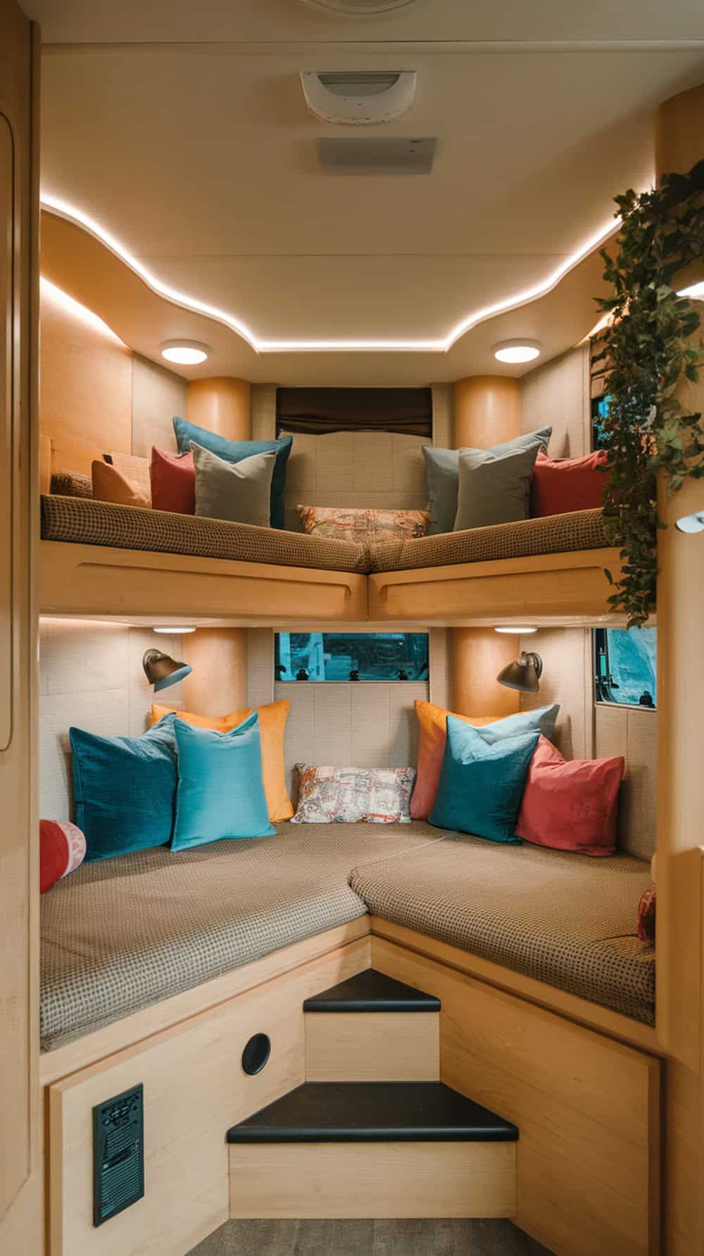 Cozy camper bunk beds built into a corner with colorful cushions and built-in steps.