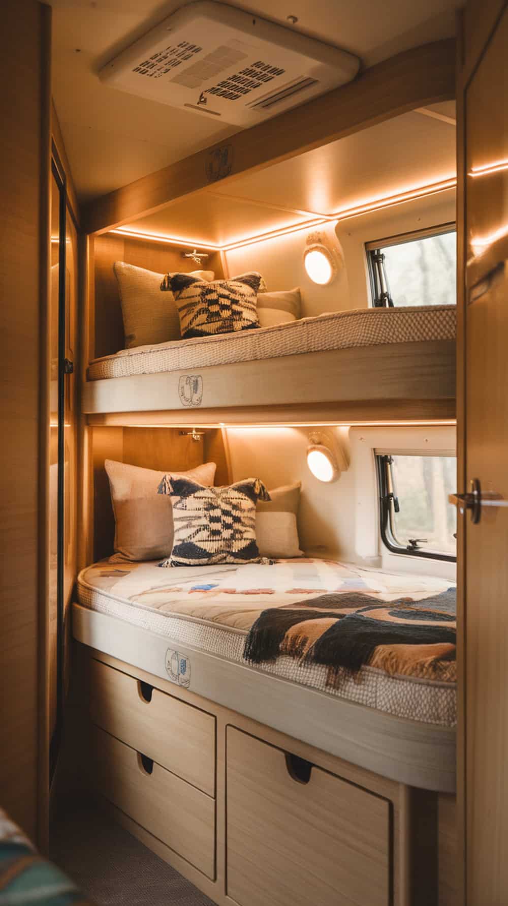 Cozy camper bunk beds with storage drawers underneath
