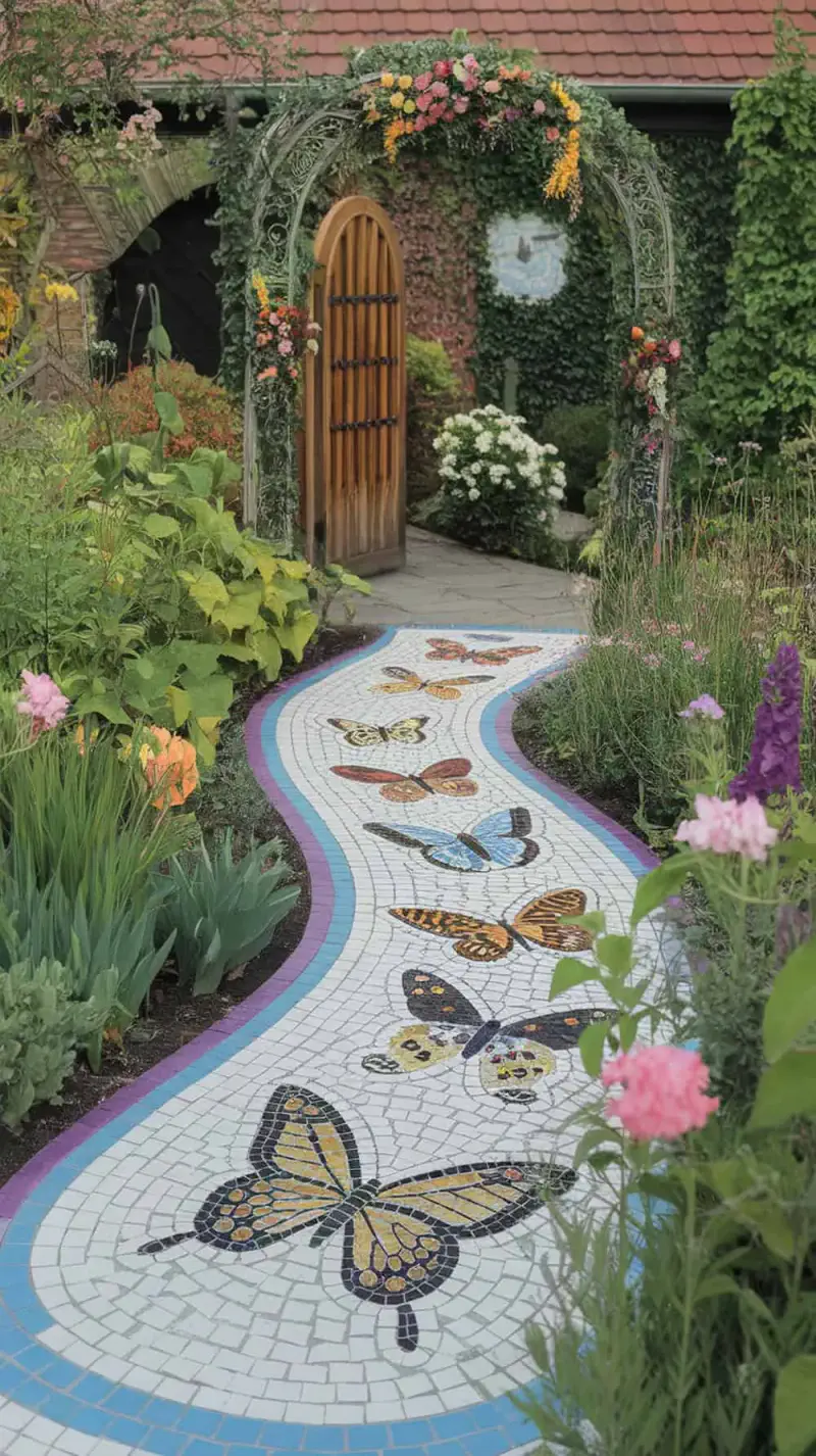 A colorful butterfly mosaic pathway leading to a garden arch adorned with flowers.