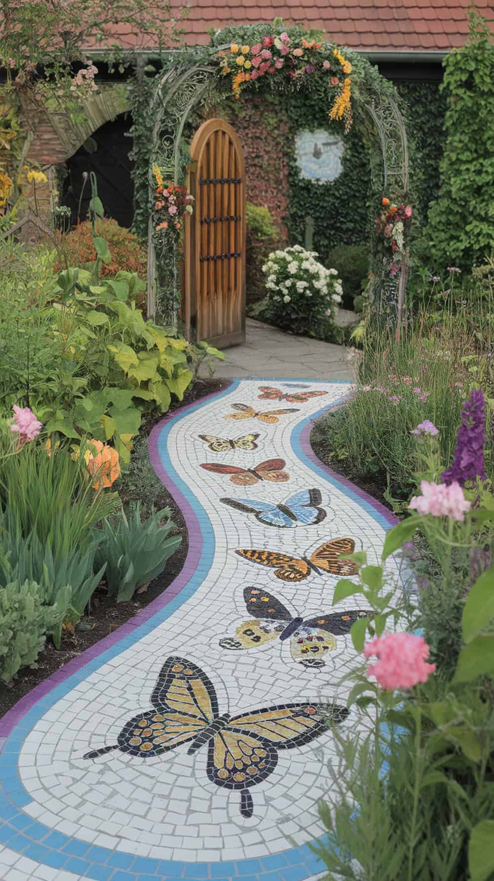 A colorful butterfly mosaic pathway leading to a garden arch adorned with flowers.