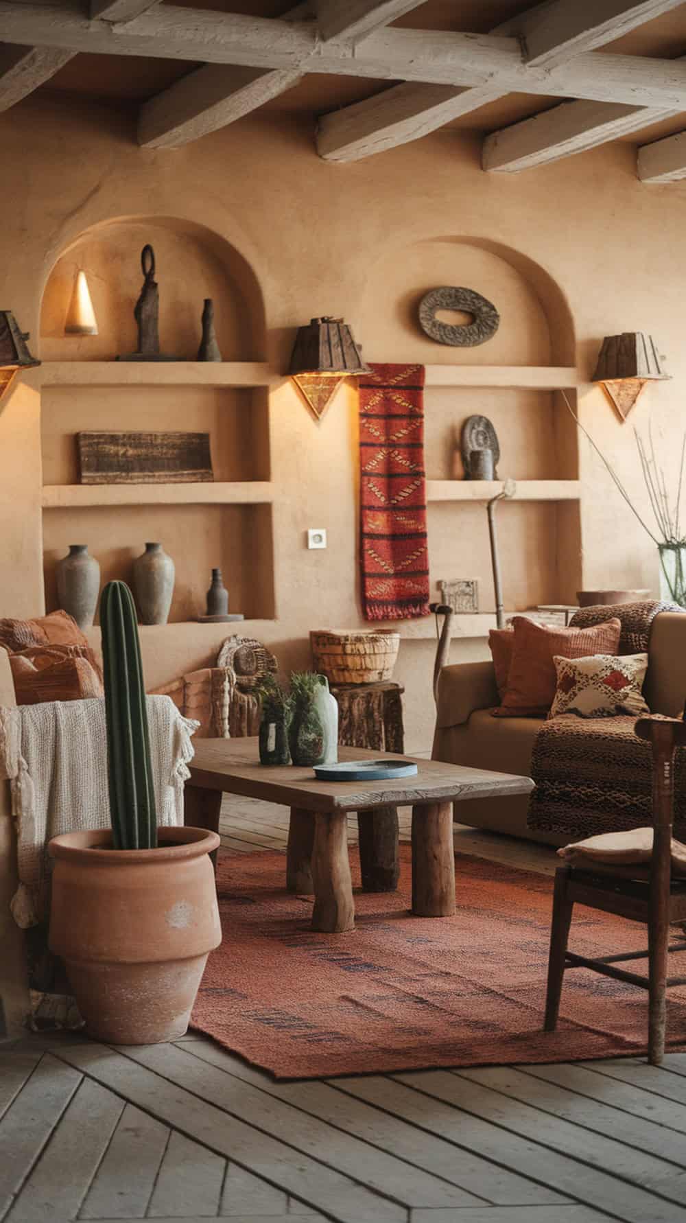 A cozy living room featuring cactus decor and classic farmhouse elements.