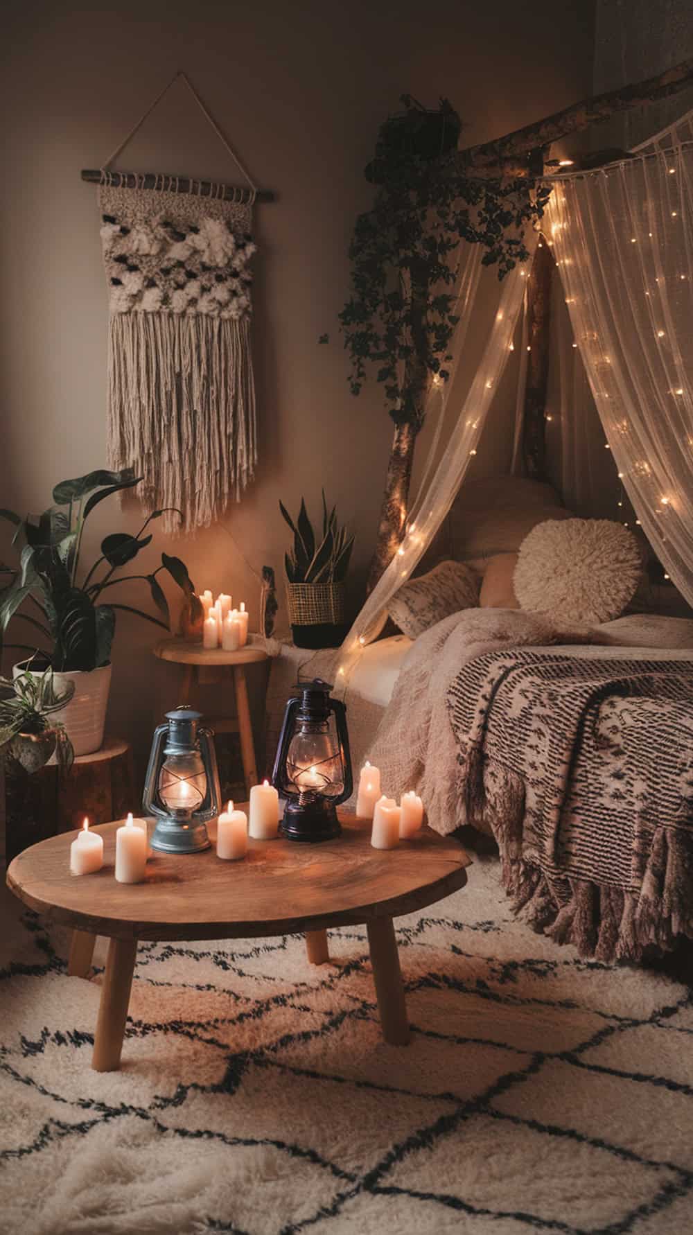 A cozy boho witchy bedroom with candles and lanterns on a low wooden table.
