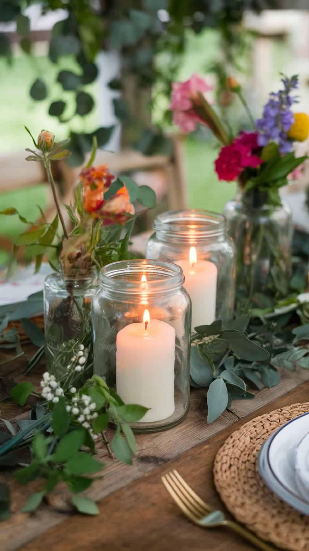 Candles in jars surrounded by flowers and greenery on a wooden table.