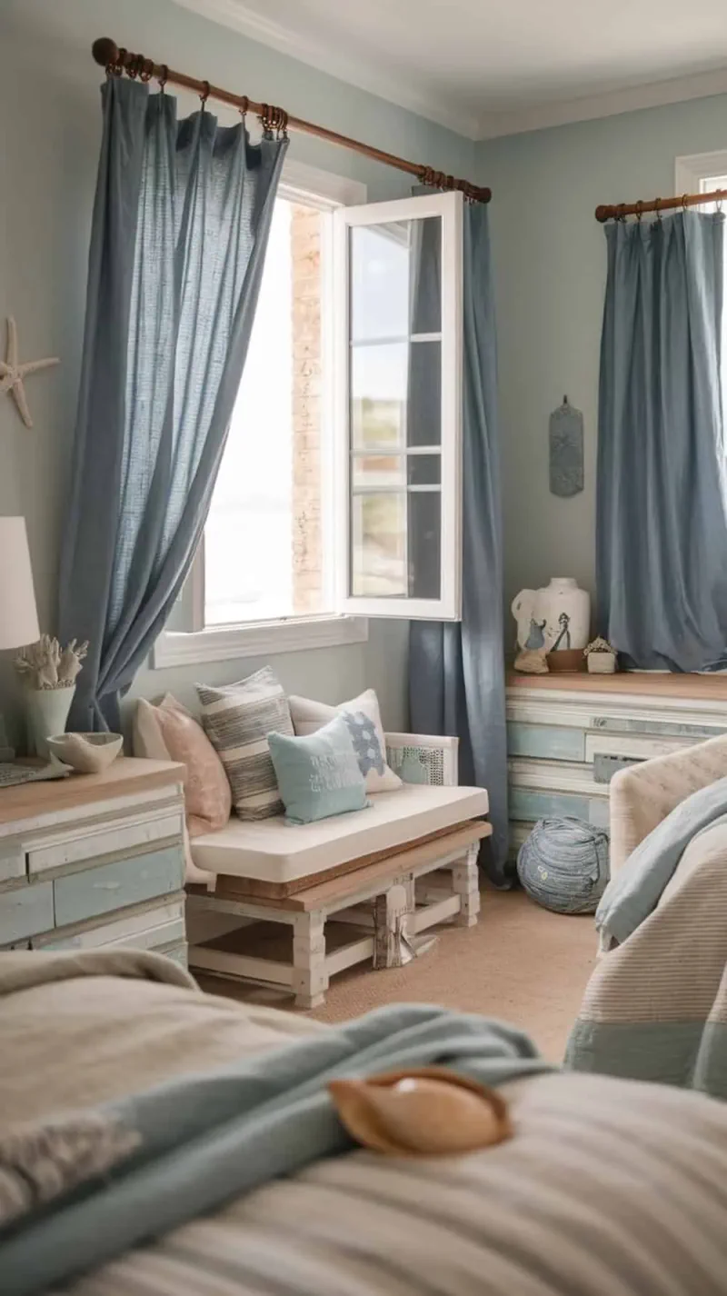A cozy coastal bedroom featuring chambray curtains and distressed furniture.