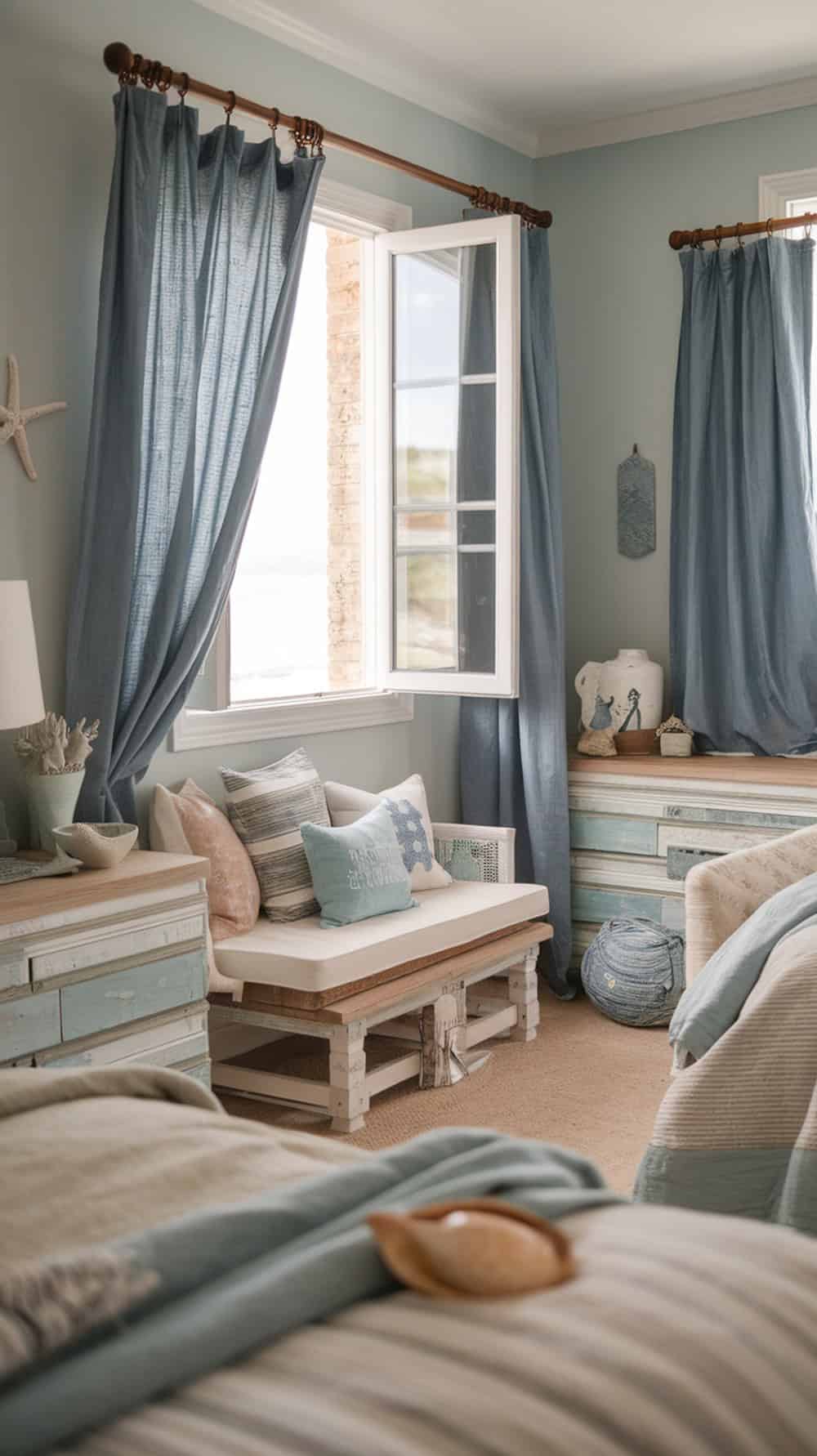 A cozy coastal bedroom featuring chambray curtains and distressed furniture.