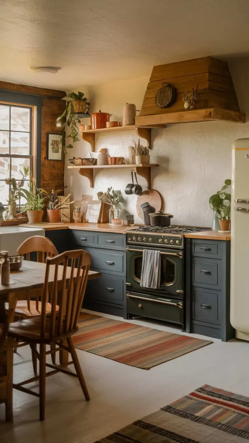 A rustic kitchen with charcoal-painted cabinets and natural wood trim, featuring plants and warm decor.