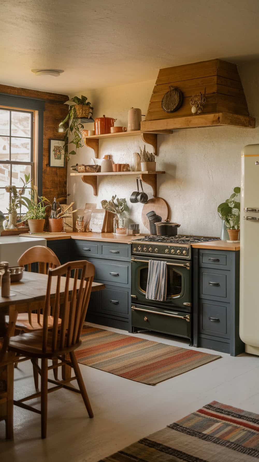 A rustic kitchen with charcoal-painted cabinets and natural wood trim, featuring plants and warm decor.
