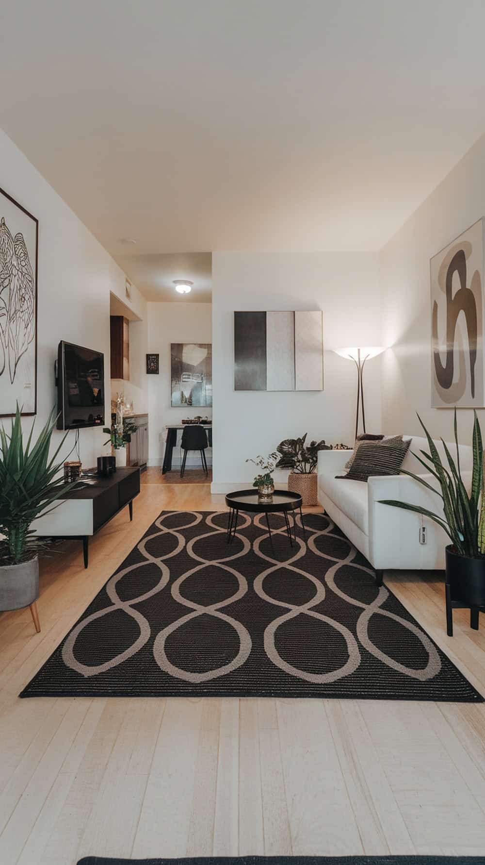 Living room featuring a charcoal rug on light wood floors with plants and modern furniture.