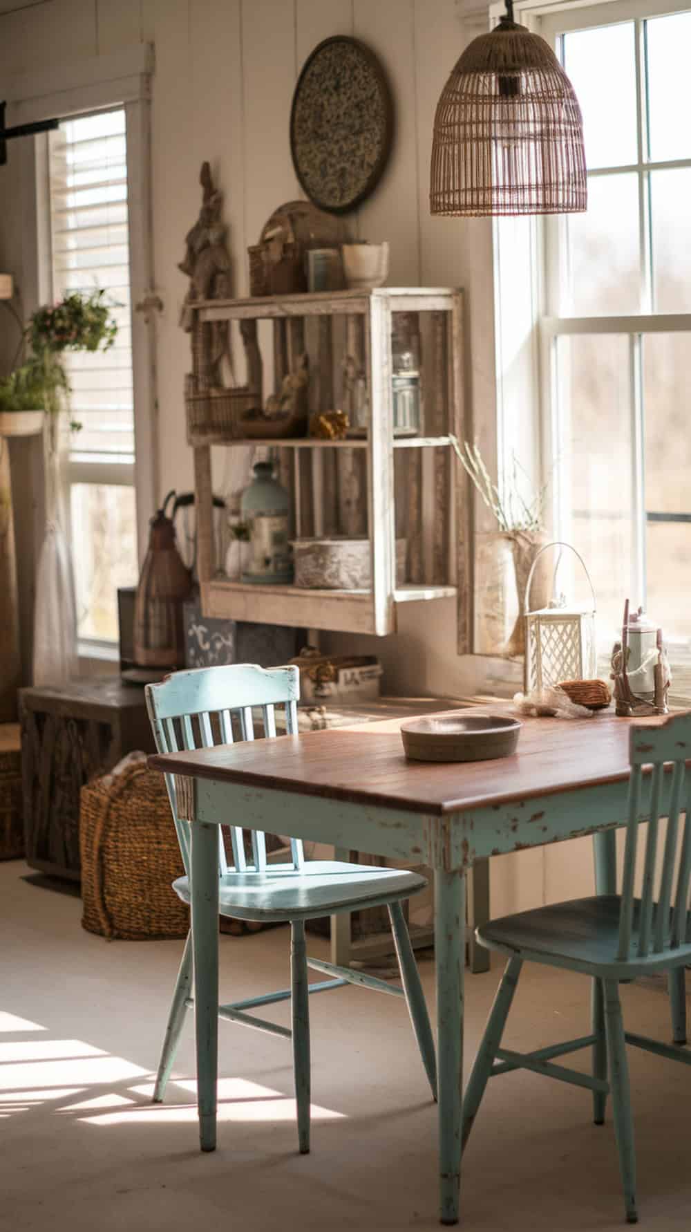 A cozy farmhouse interior featuring chippy painted furniture, including a blue table and chairs, with natural light streaming in.