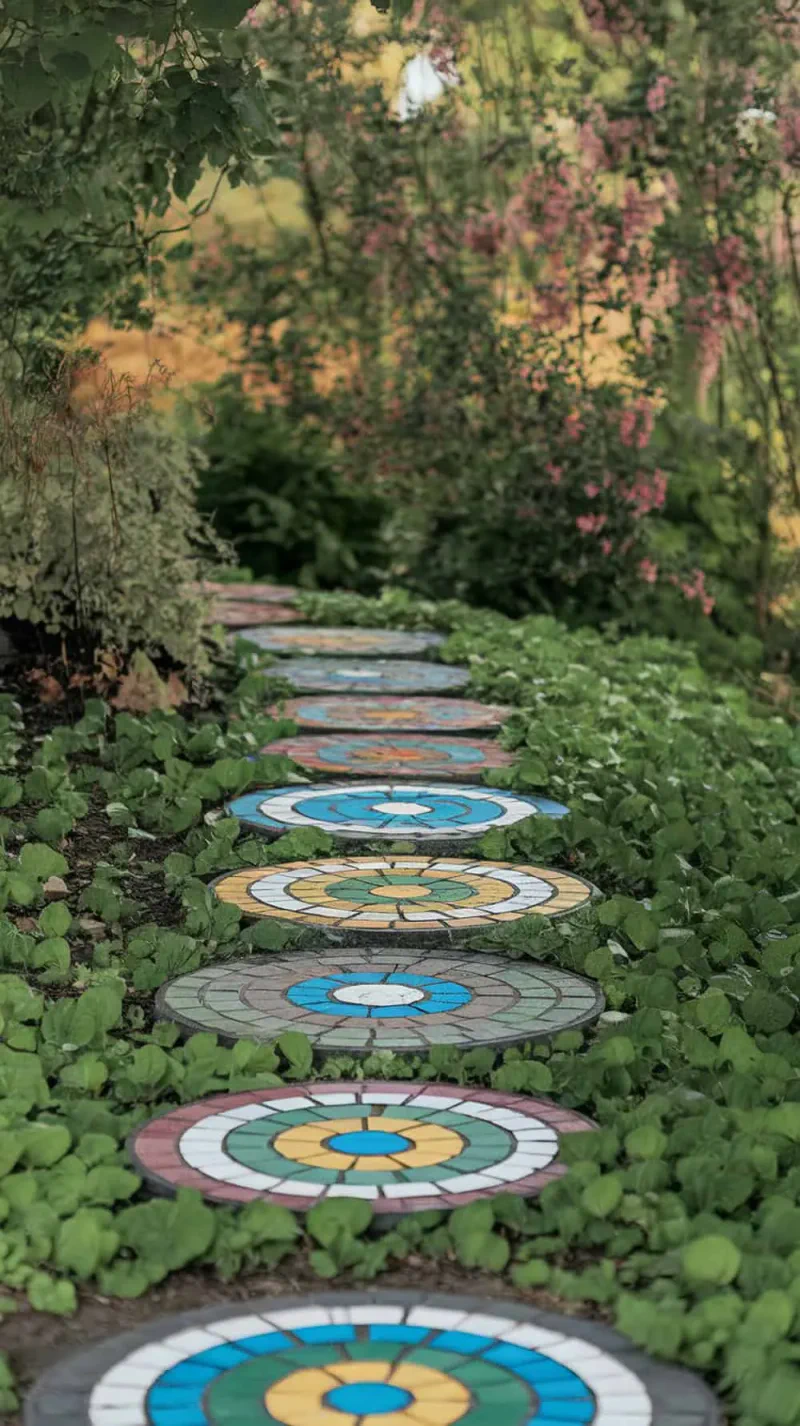 Colorful circular mosaic stepping stones in a garden path surrounded by green plants.