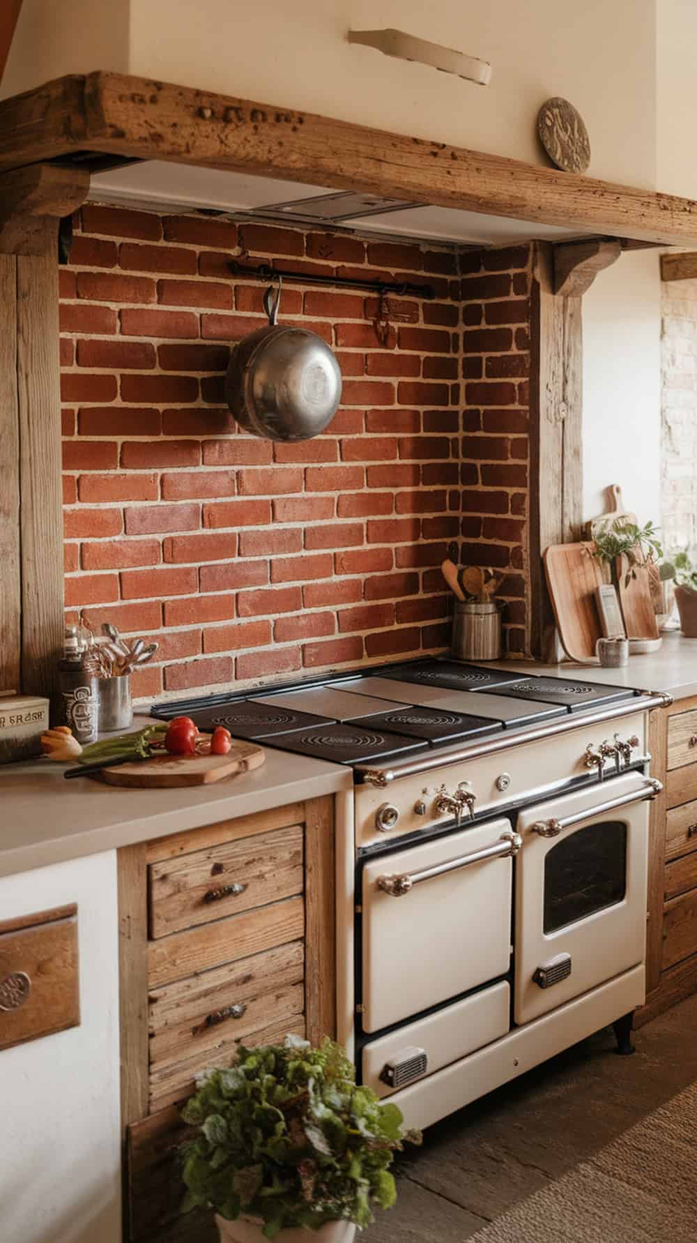 A classic farmhouse kitchen featuring a red brick backsplash behind the stove, wooden shelves, and rustic decor.