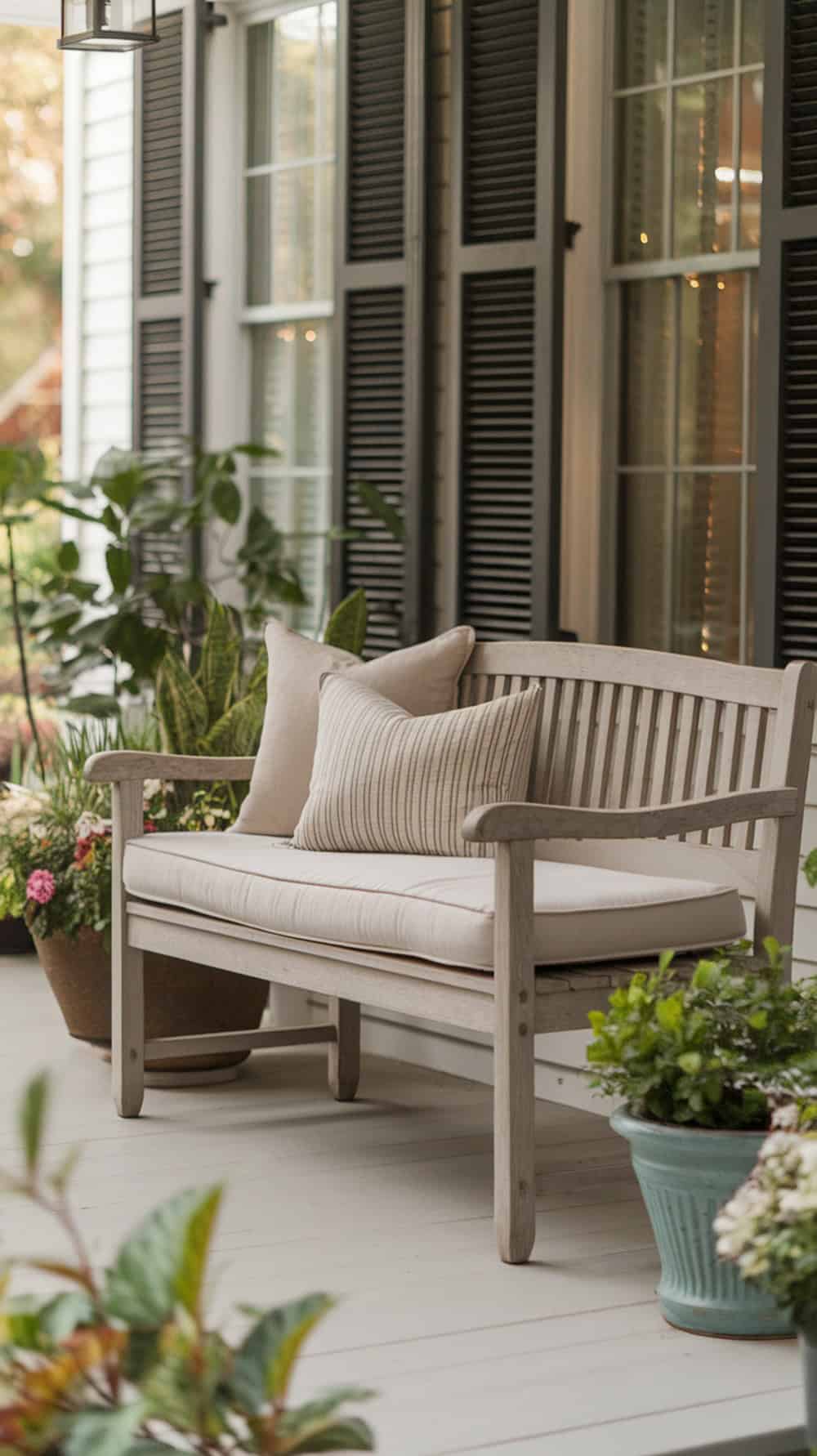 A classic wooden bench with neutral cushions on a front porch surrounded by plants and flowers.
