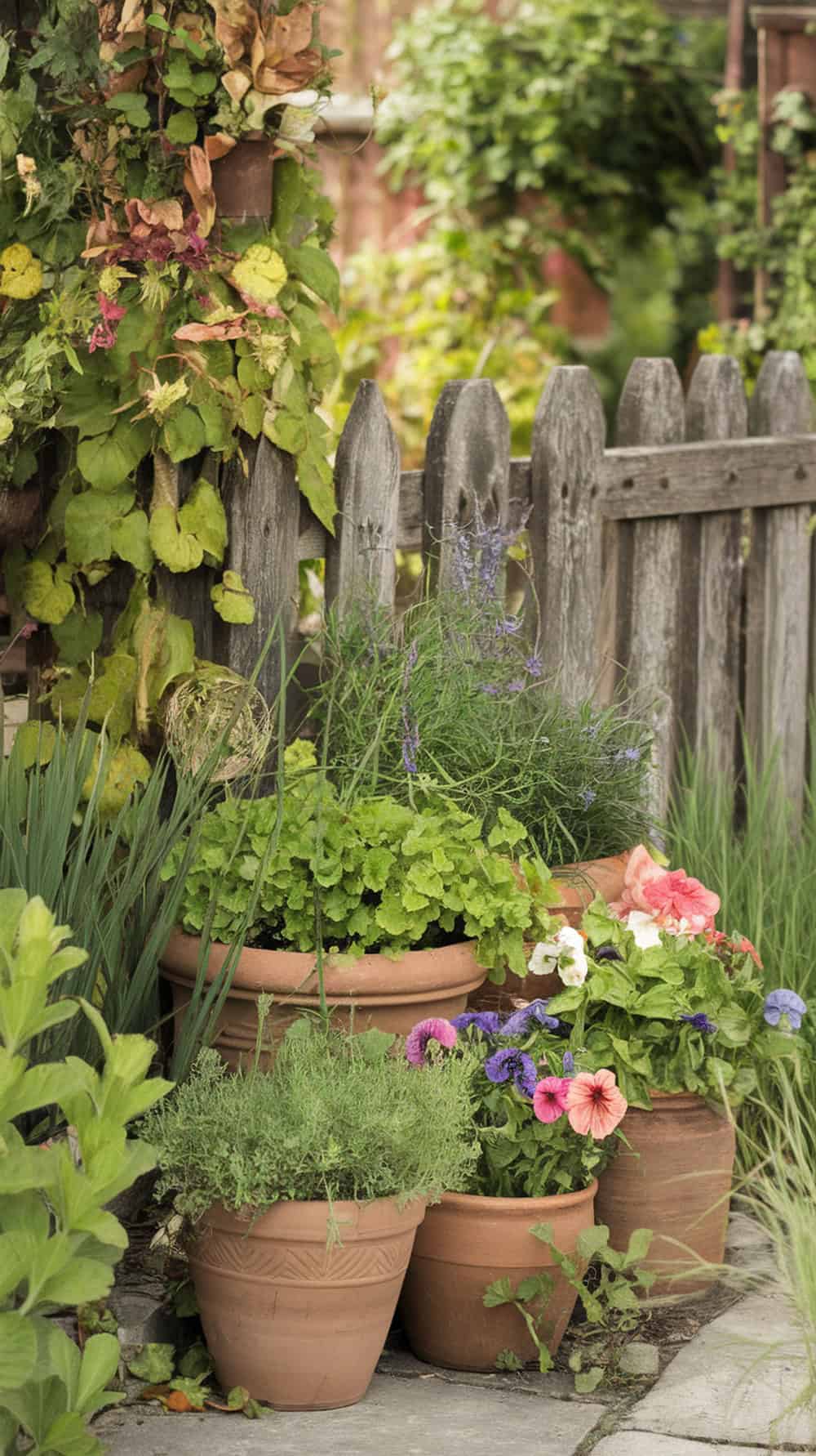 Clay pots filled with herbs and colorful flowers in a cottage garden setting.