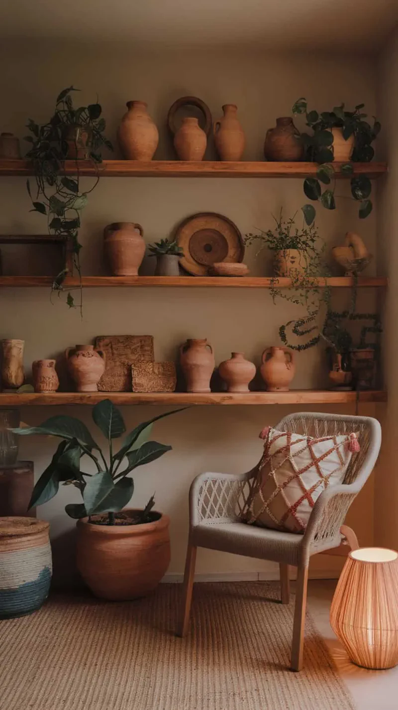 A cozy living room with clay pottery displayed on open shelves, featuring plants and a comfortable chair.