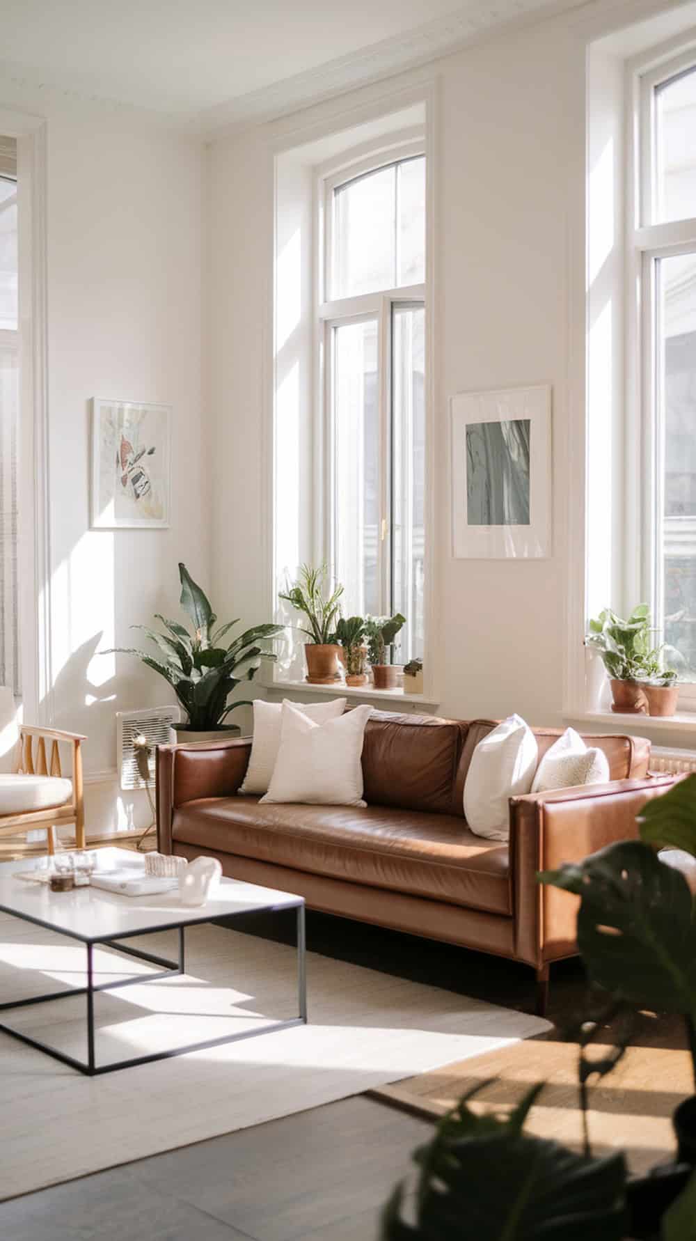 A living room featuring a chestnut leather couch, white walls, and green plants.