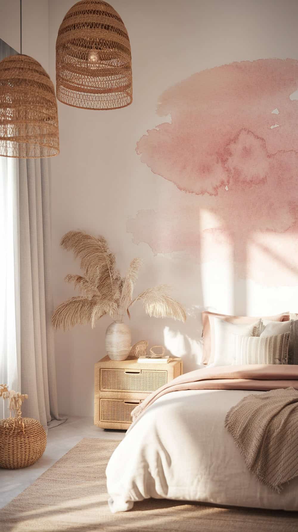 A cozy coastal bedroom featuring soft watercolor artwork, natural decor, and warm lighting.