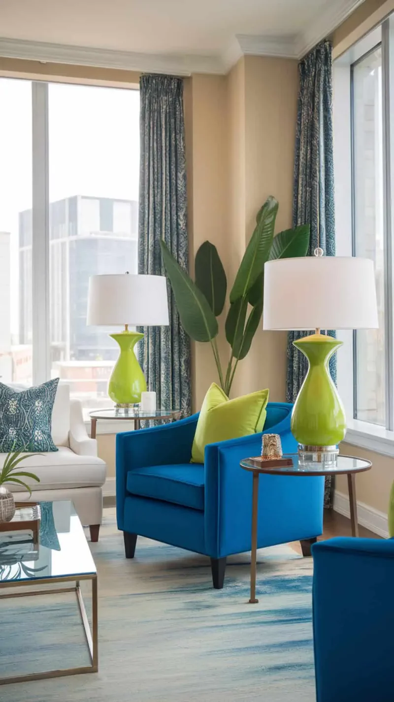 A living room with a cobalt blue armchair and lime green lamps, featuring a modern design.