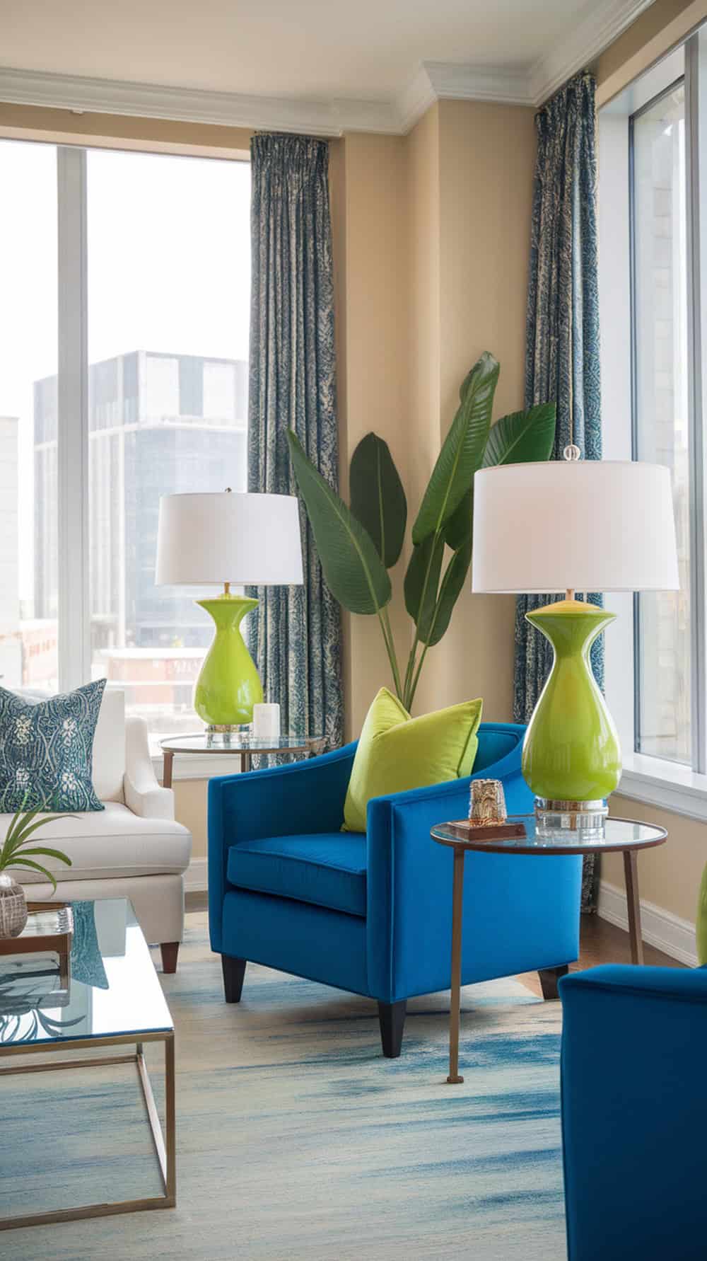 A living room with a cobalt blue armchair and lime green lamps, featuring a modern design.