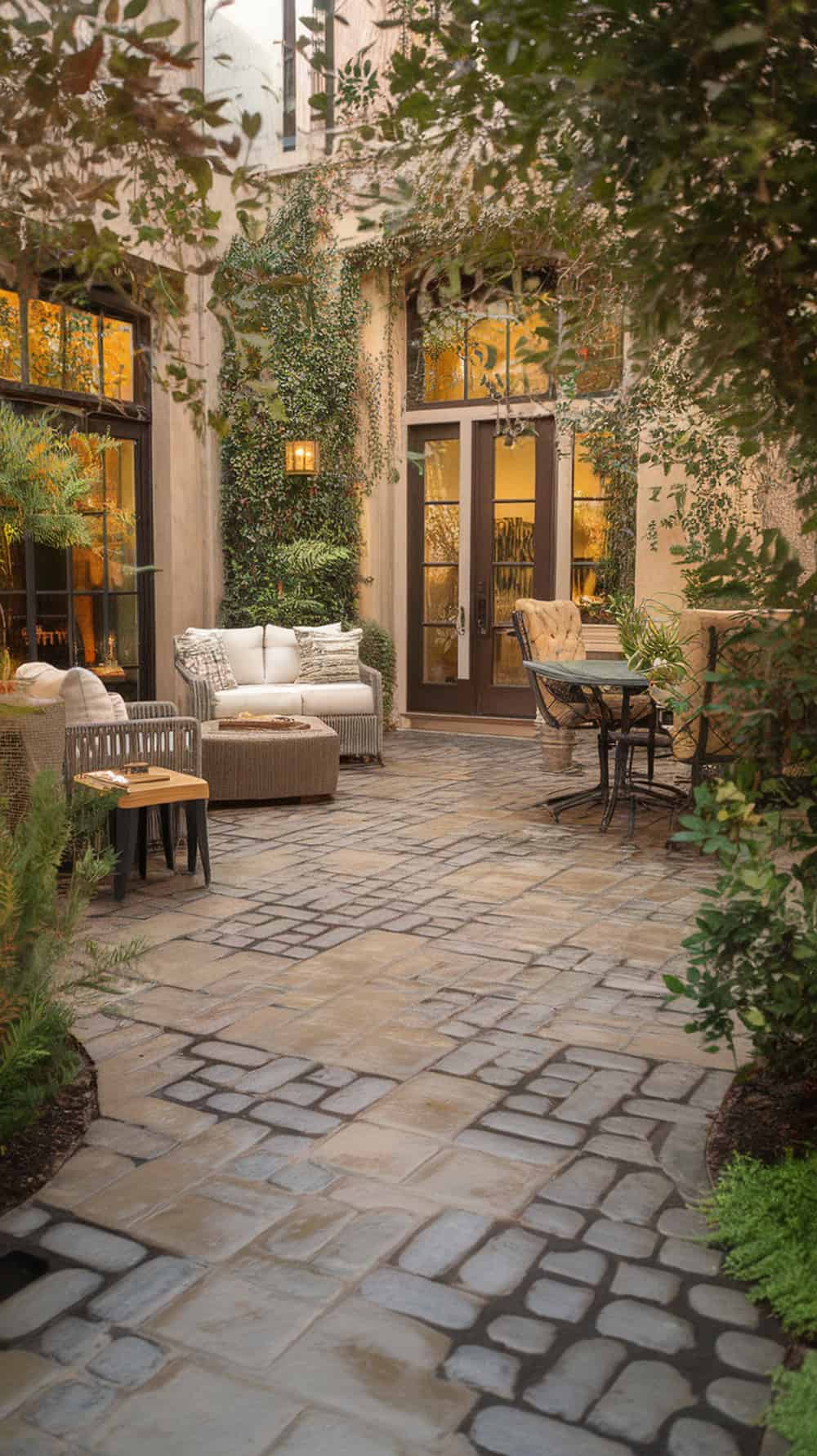 Cozy courtyard with cobblestone stamped concrete patio surrounded by greenery and comfortable seating.