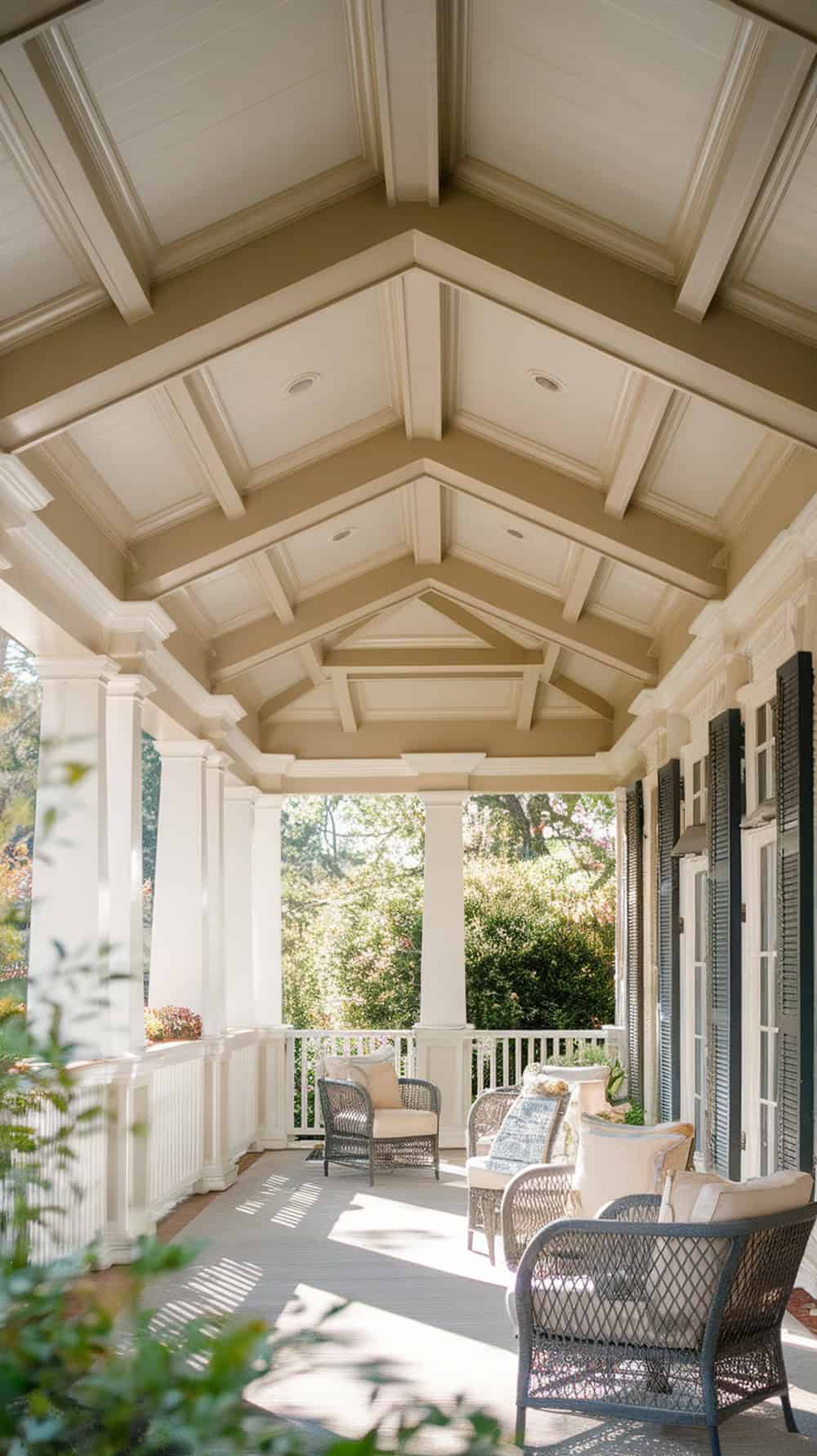 A beautiful coffered ceiling on a porch, featuring light colors and beams.