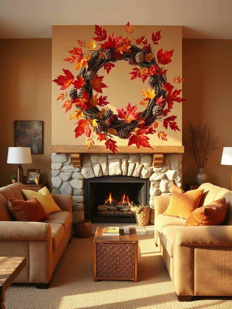 colorful leaves and pinecones