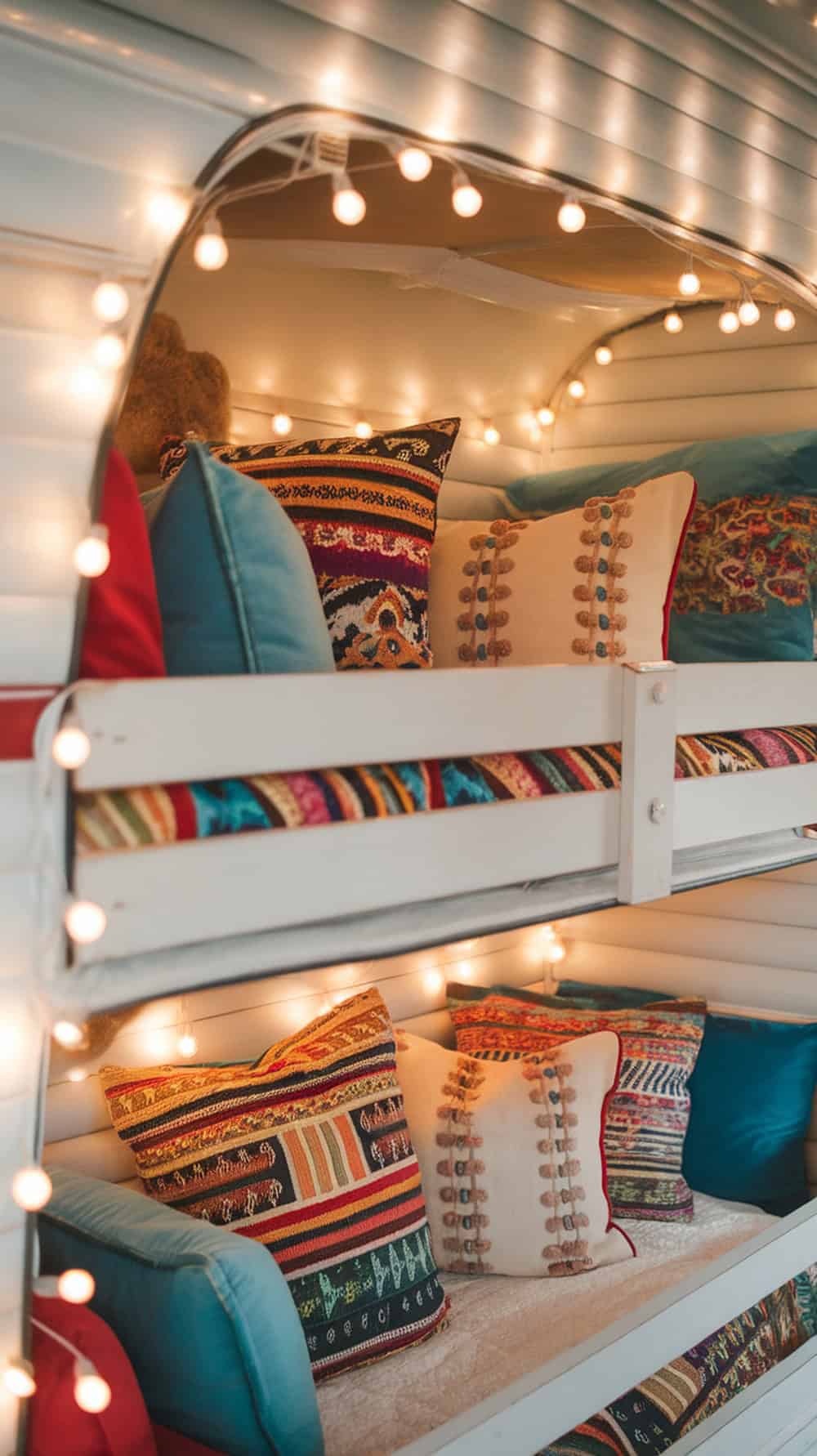 Colorful pillows and fairy lights on a camper bunk bed