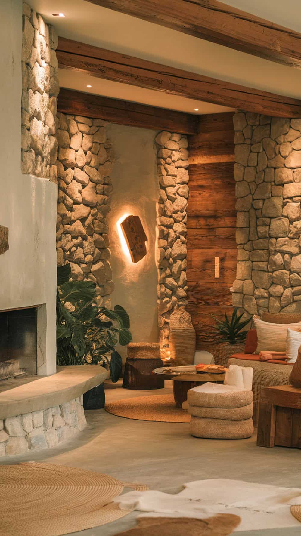 A cozy living space featuring a combination of stone and wood wall panels, with warm lighting and natural decor.