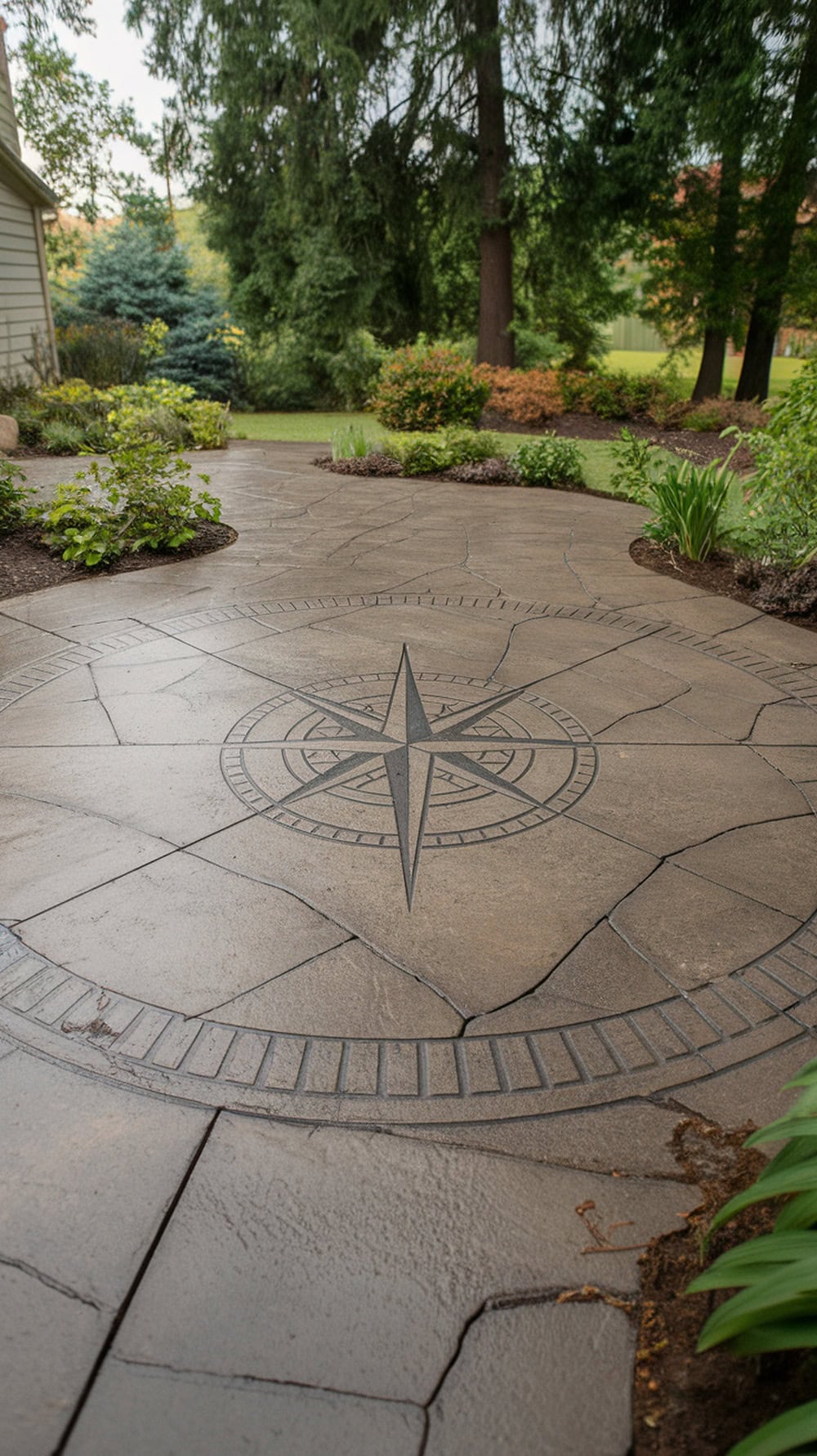 A stamped concrete patio featuring a compass rose design in the center, surrounded by greenery.