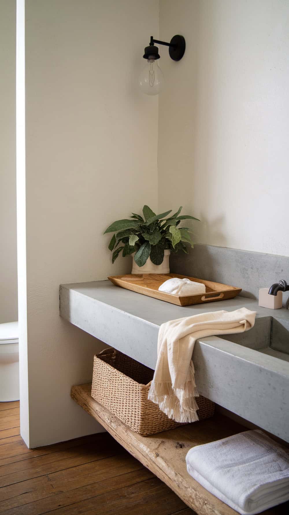 A rustic bathroom featuring a concrete countertop, a green plant, wooden decor, and a cozy atmosphere.