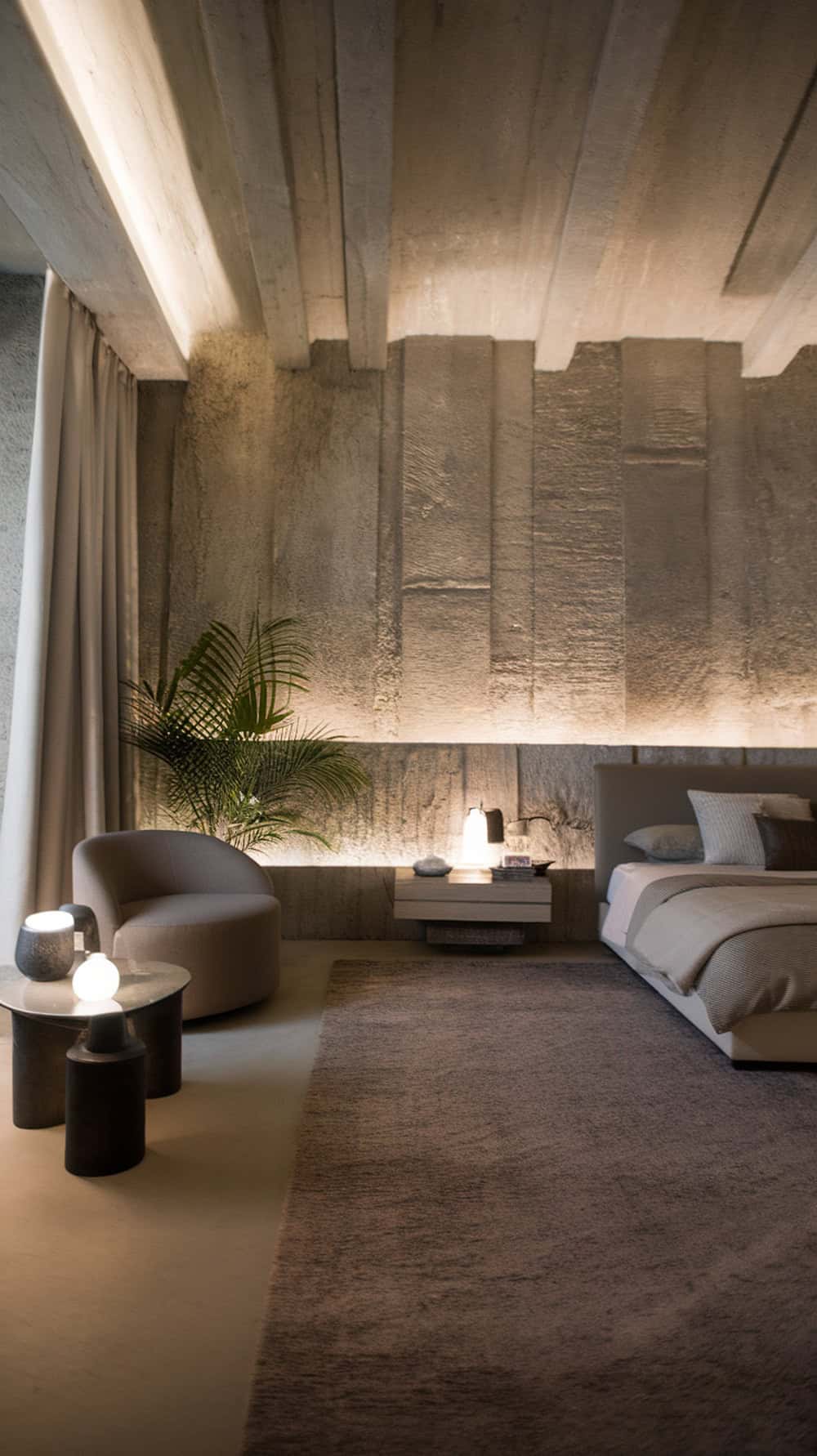 Modern bedroom with textured concrete wall and stylish furniture