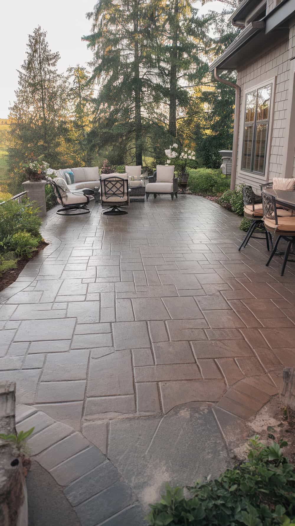 A beautiful stamped concrete patio matching the house exterior, surrounded by greenery.