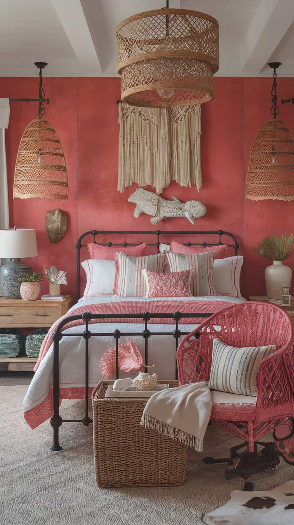 A cozy coastal bedroom featuring coral walls, a metal bed frame, and woven decor.