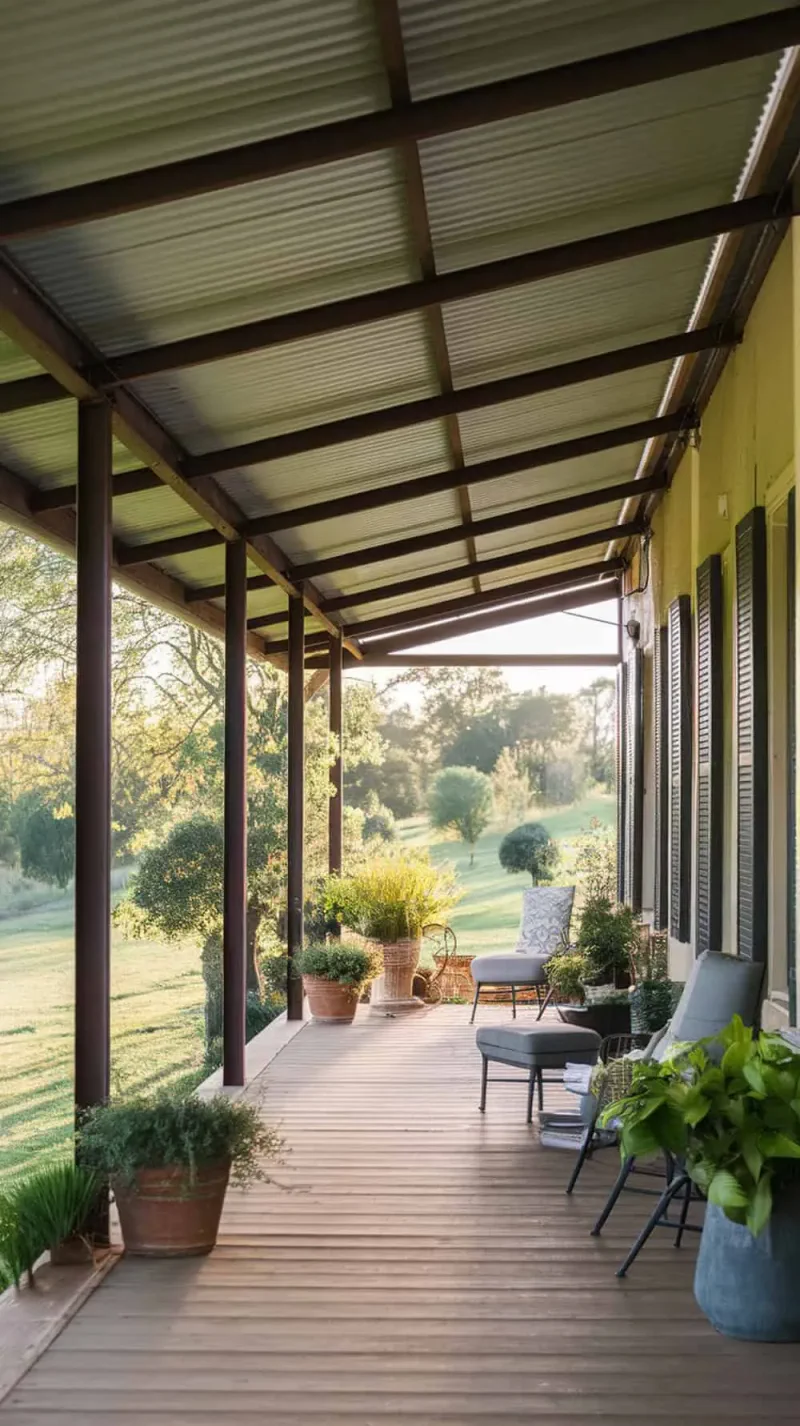 Porch with corrugated metal ceiling and rustic furniture