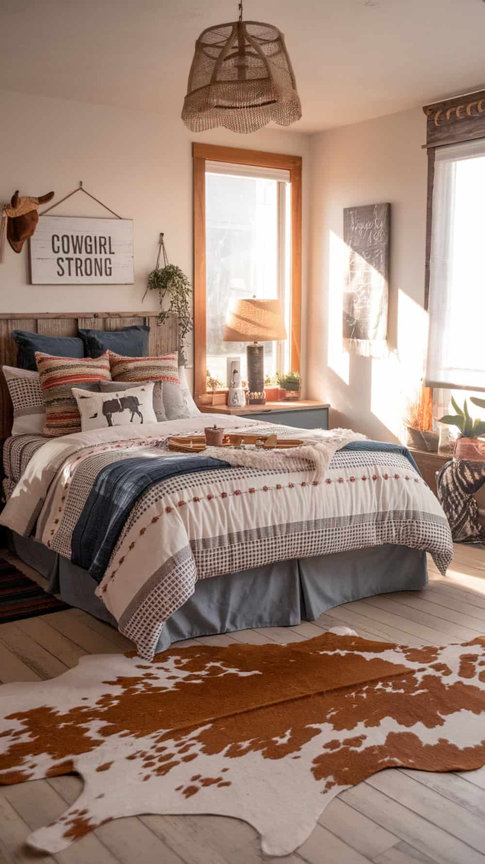 A cozy bedroom featuring a cow print rug on light wood floors, with a bed adorned in colorful pillows and a warm atmosphere.
