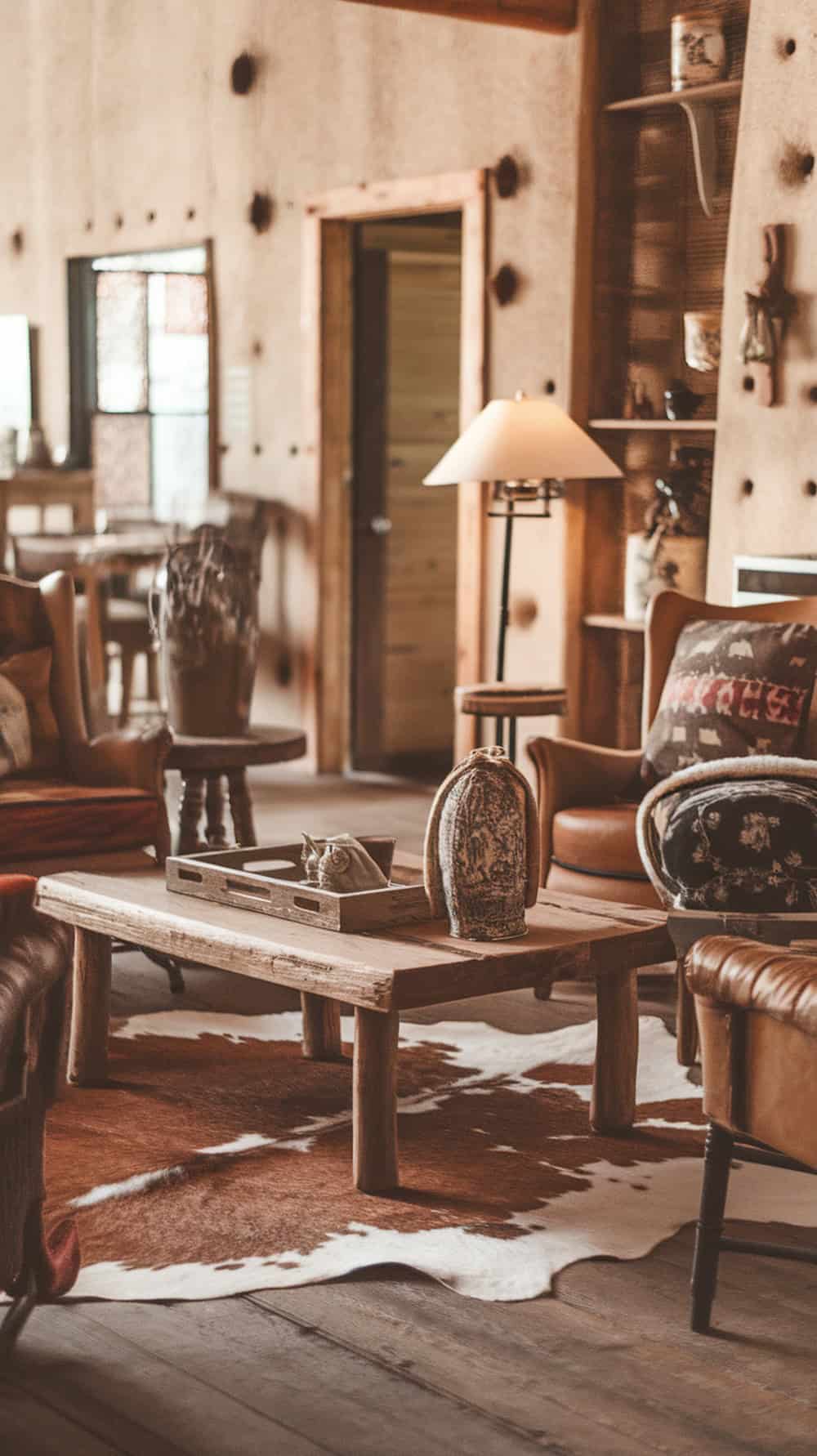 A cozy living room featuring a cowhide rug and a rustic wood coffee table.