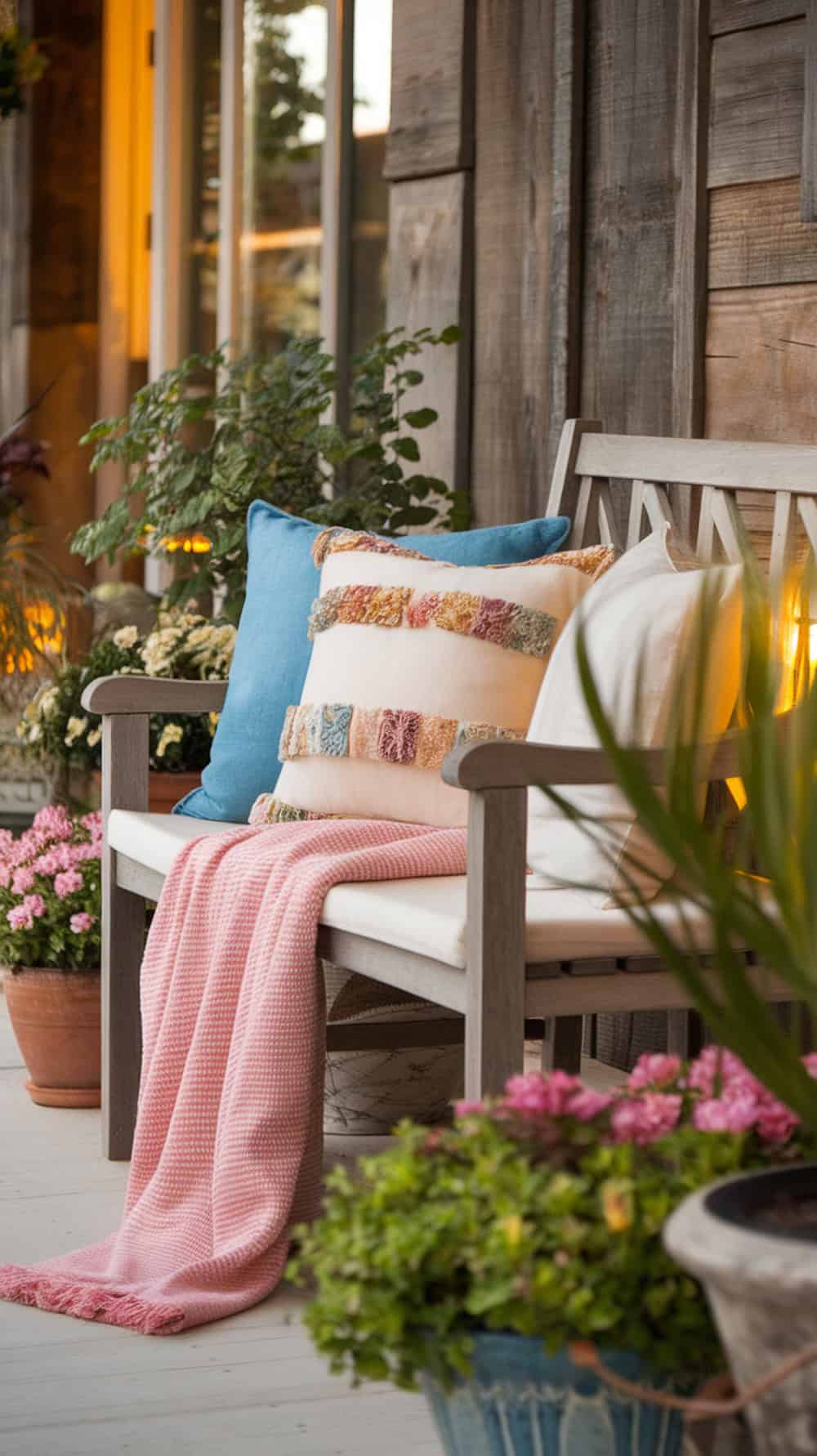 Cozy front porch bench with colorful throw pillows and a pink blanket, surrounded by plants and flowers.