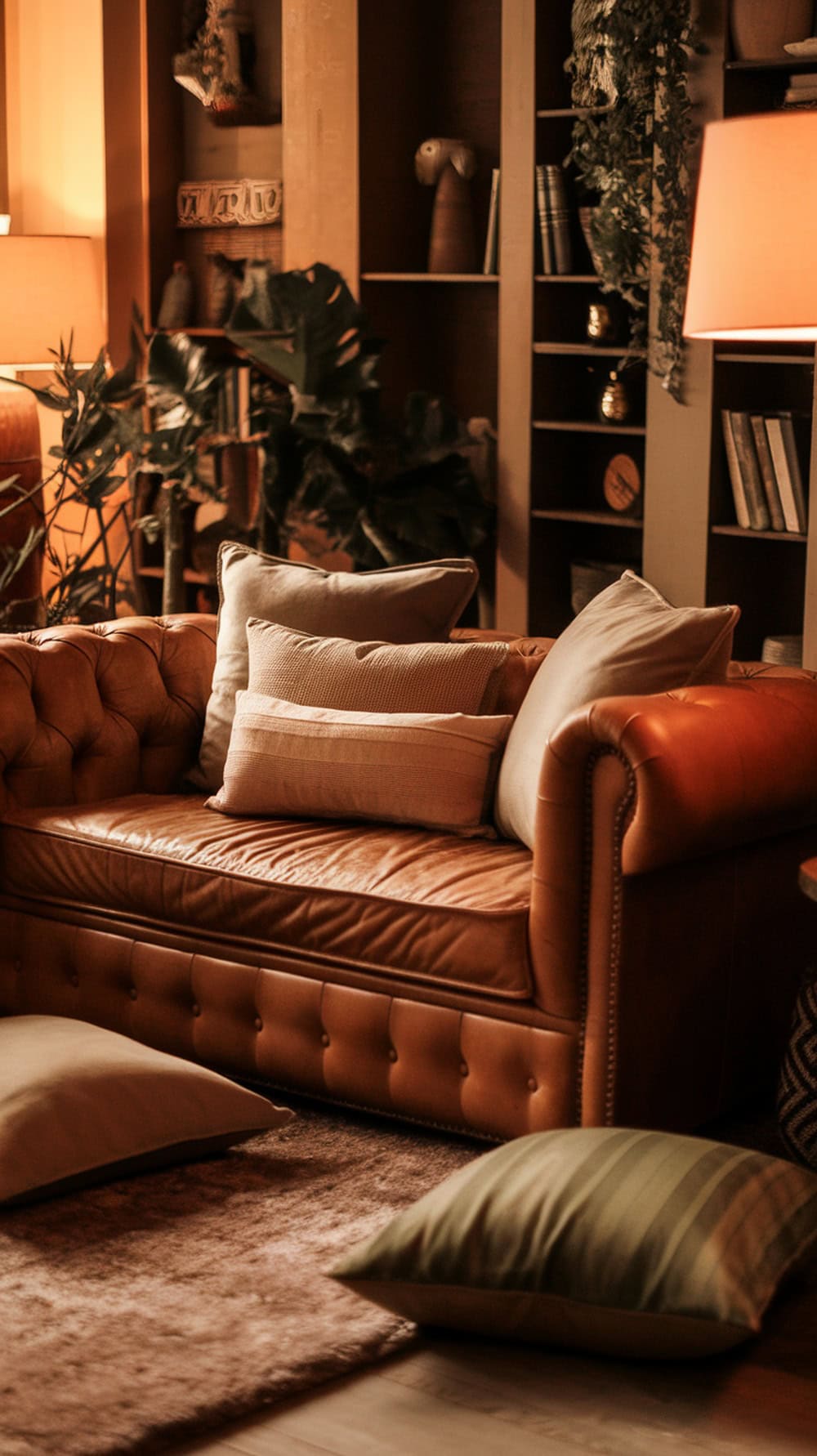 A cozy living room corner with a leather love seat, soft pillows, and warm lighting.