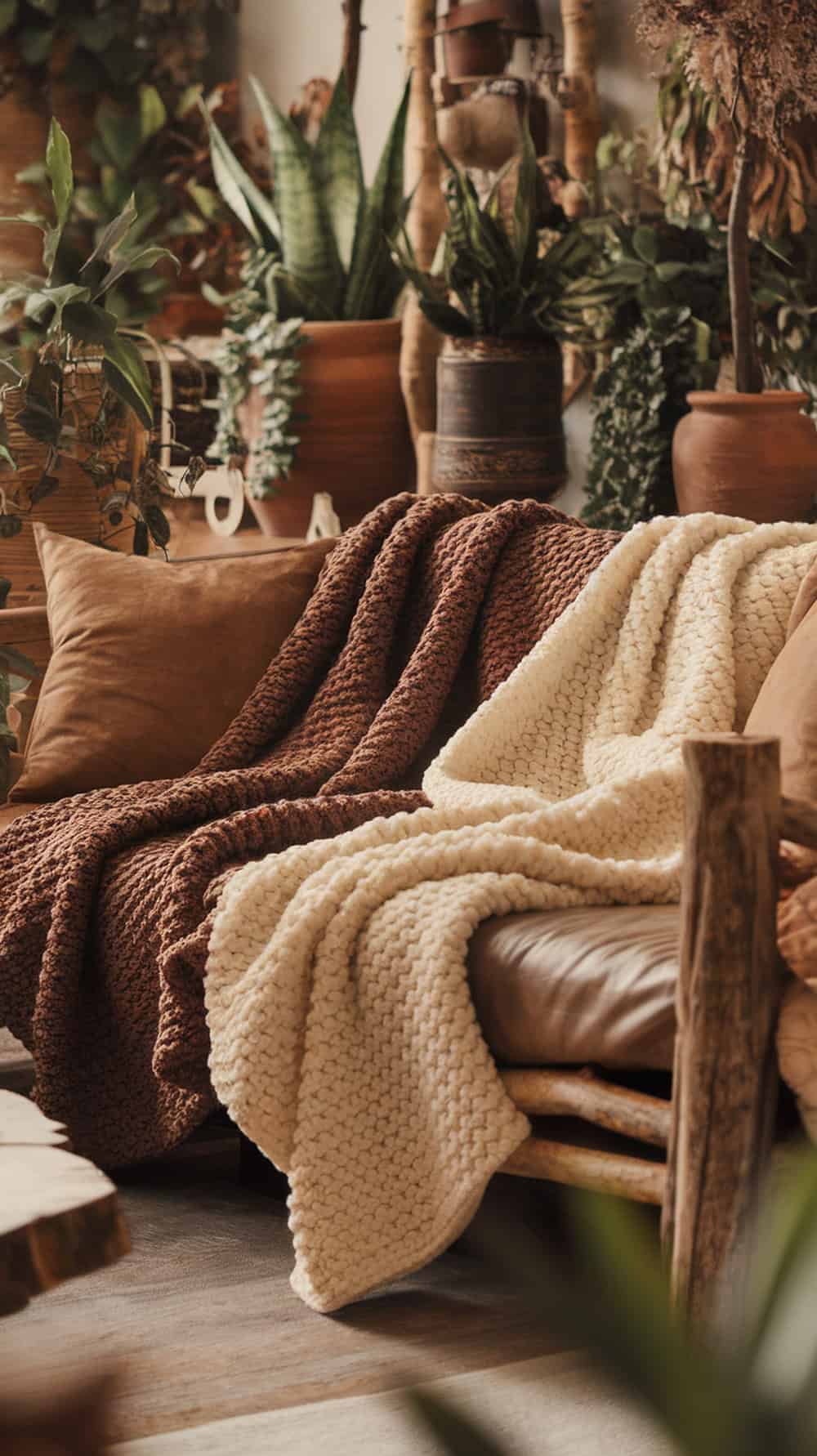Cozy knit blankets in brown and cream draped over a sofa in a boho living room with plants.