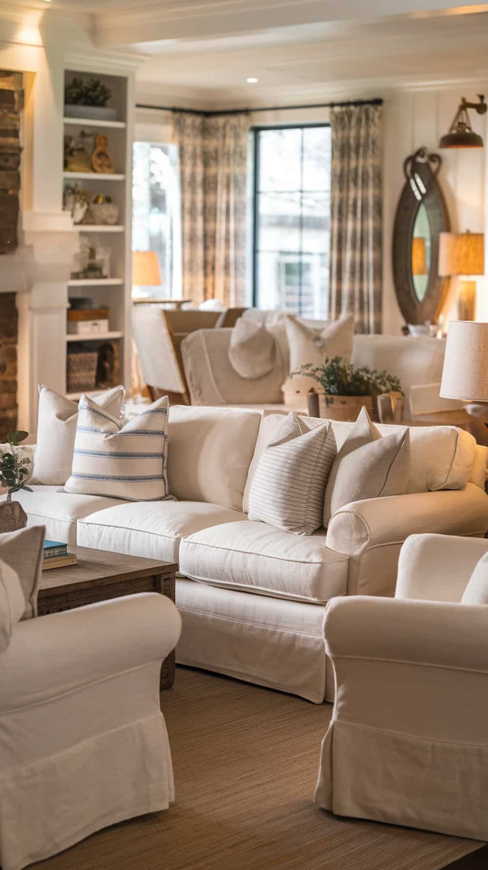 Cozy living room with linen slipcovered sofas and chairs